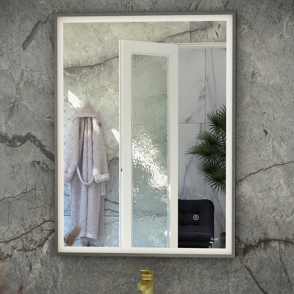 RAK Art Square 500x700mm Rectangular Illuminated Mirror, Brushed Nickel Frame, Touch Sensor, Demister, IP44