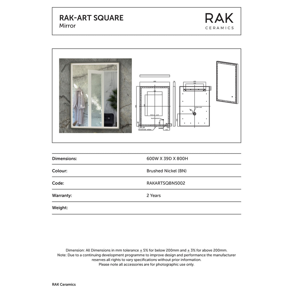 RAK Art Square 600x800mm LED Illuminated Bathroom Mirror with Touch Sensor & Demister Pad, Brushed Nickel