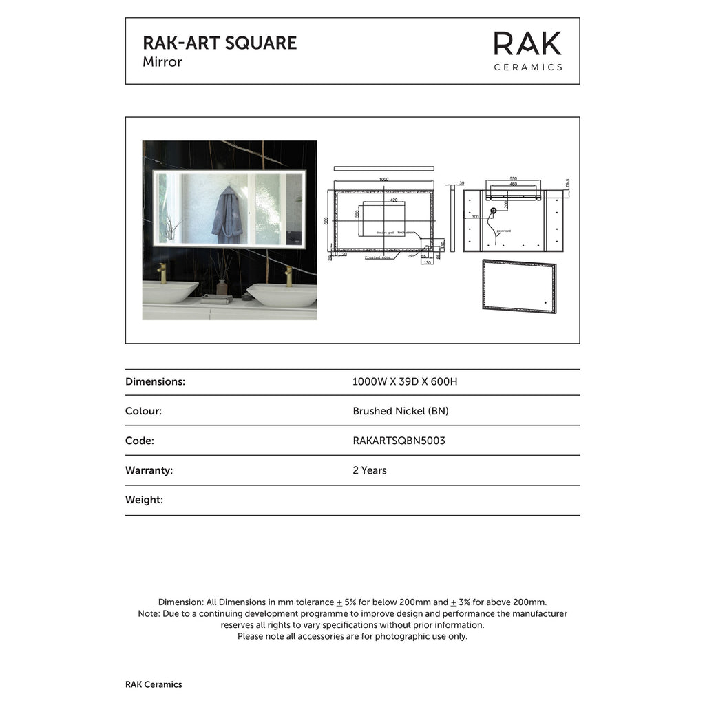 RAK Art Square 1000x600mm Rectangular LED Illuminated Bathroom Mirror with Demister Pad & Touch Sensor, Brushed Nickel, IP44