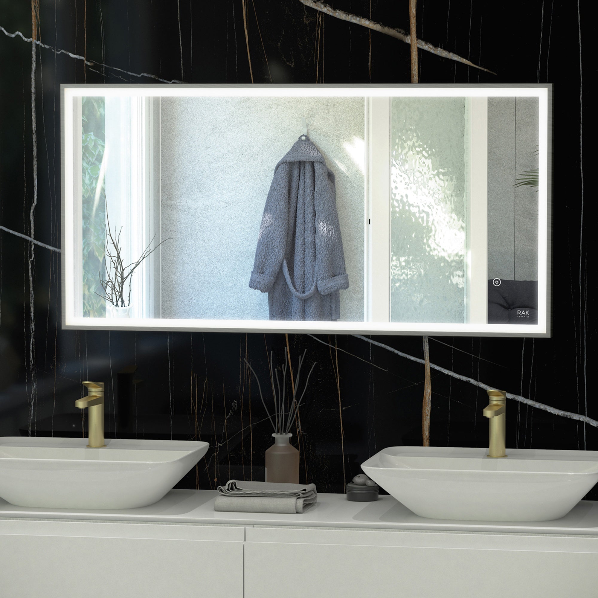 RAK Art Square 1200x600mm Rectangular Illuminated Mirror with Touch Sensor & Brushed Nickel Frame, IP44