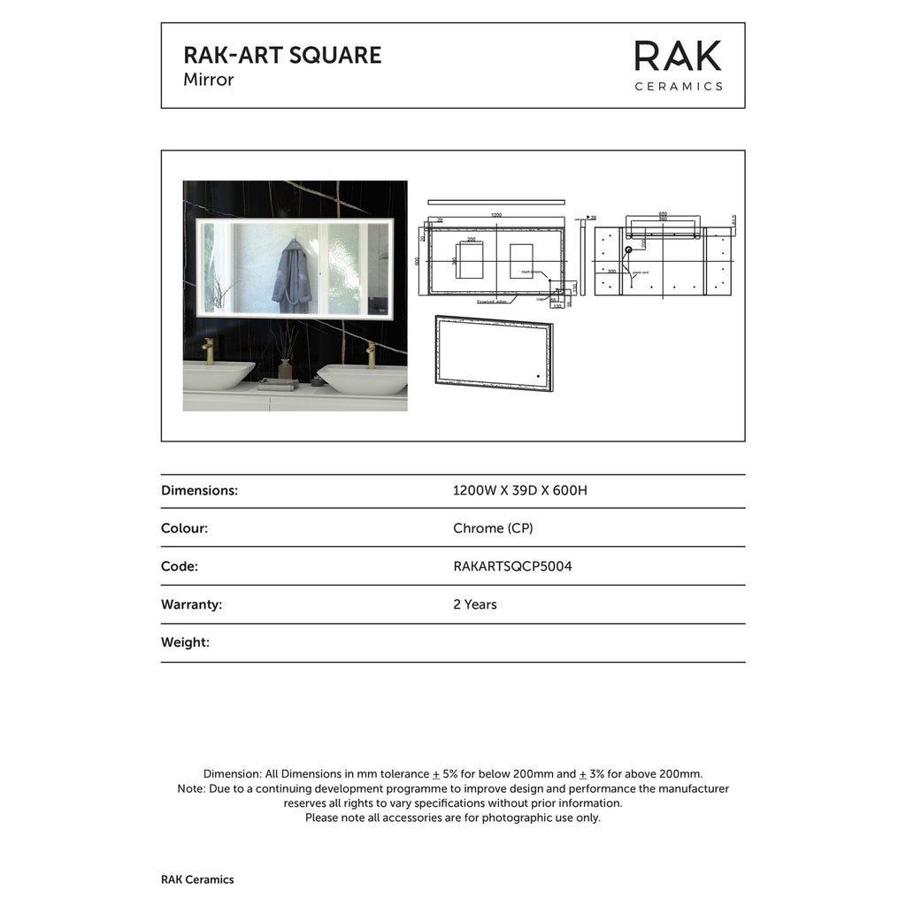RAK Art Square 1200x600mm Chrome Rectangular LED Illuminated Bathroom Mirror with Touch Sensor & Demister, IP44
