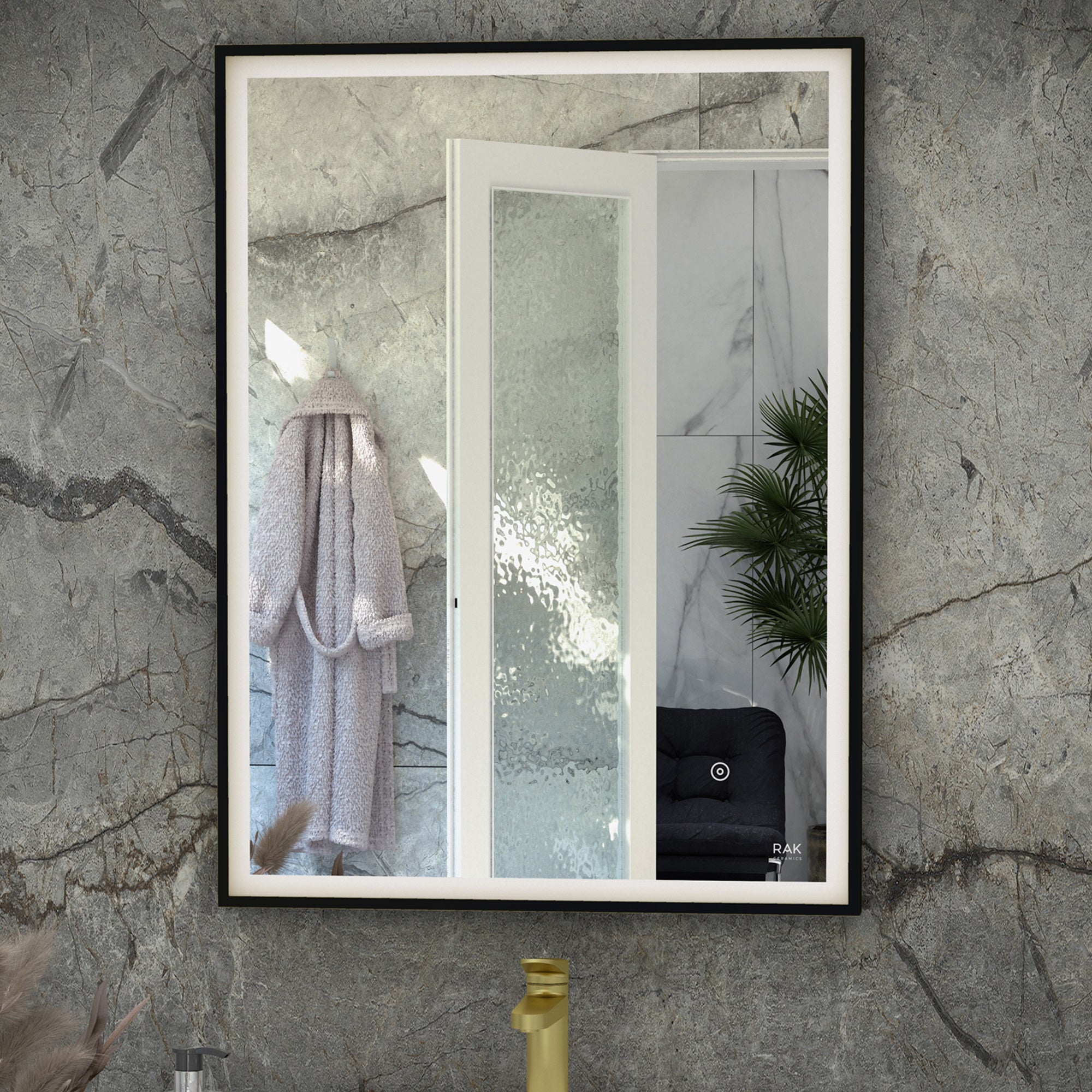 RAK Art Square 500x700mm Matt Black Framed LED Illuminated Bathroom Mirror with Touch Sensor, IP44 Rated