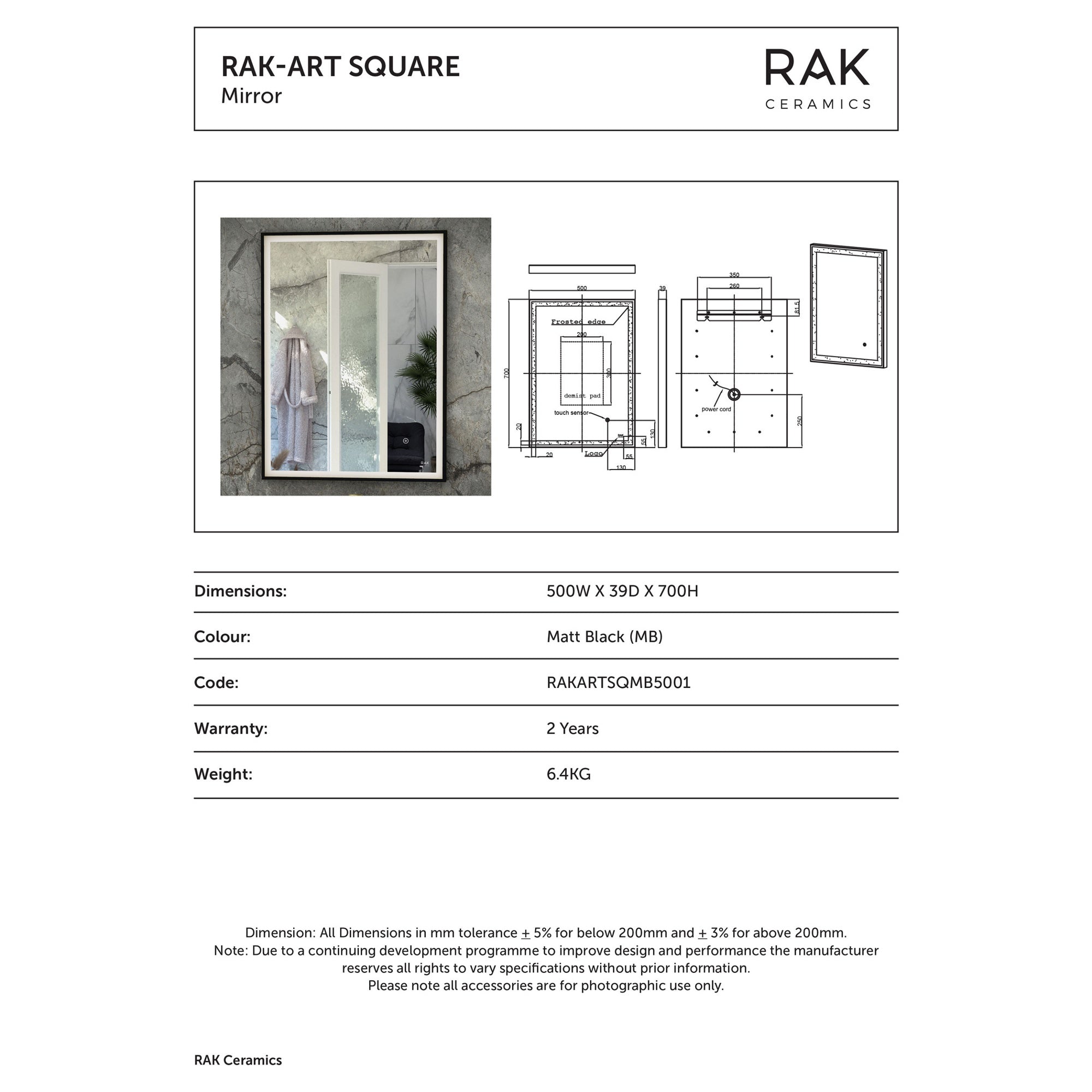 RAK Art Square 500x700mm Matt Black Framed LED Illuminated Bathroom Mirror with Touch Sensor, IP44 Rated