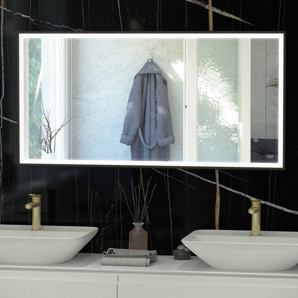 RAK Art Square Matt Black LED Illuminated Bathroom Mirror with Touch Sensor & Demister Pad, 1000x600mm, IP44 Rated