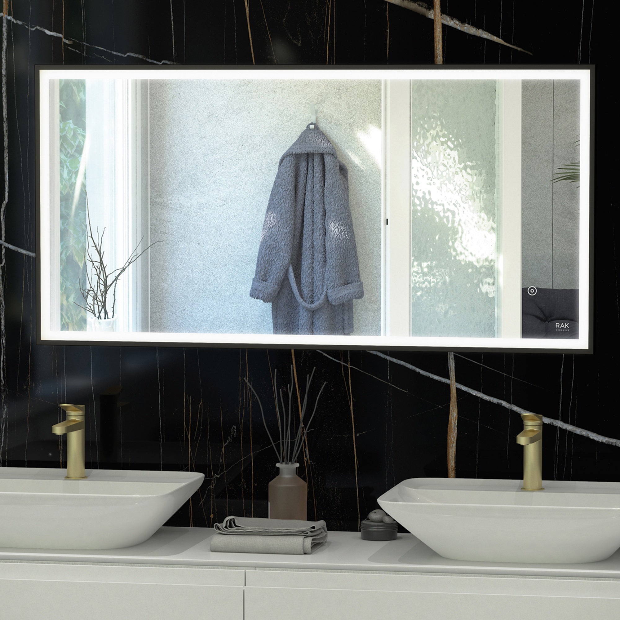 RAK Art Square Matt Black LED Illuminated Bathroom Mirror with Touch Sensor & Demister Pad, 1000x600mm, IP44 Rated