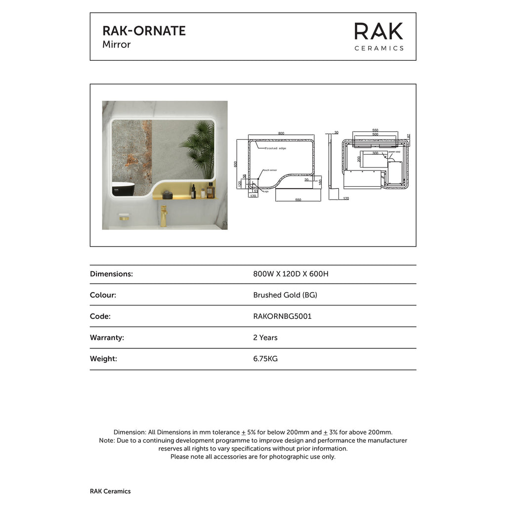 RAK Ornate 800x600mm Brushed Gold Illuminated Bathroom Mirror with Touch Sensor & IP44