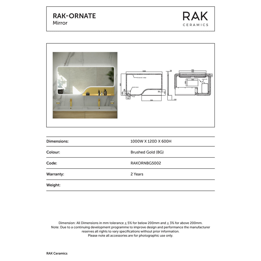 RAK Ornate 1000x600mm Brushed Gold LED Illuminated Bathroom Mirror with Touch Sensor & Demister