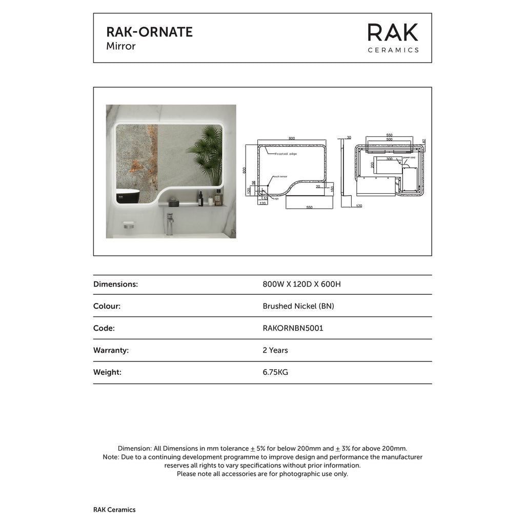 RAK Ornate 600x800mm Brushed Nickel Illuminated Bathroom Mirror with Touch Sensor & Demister Pad, IP44 Rated