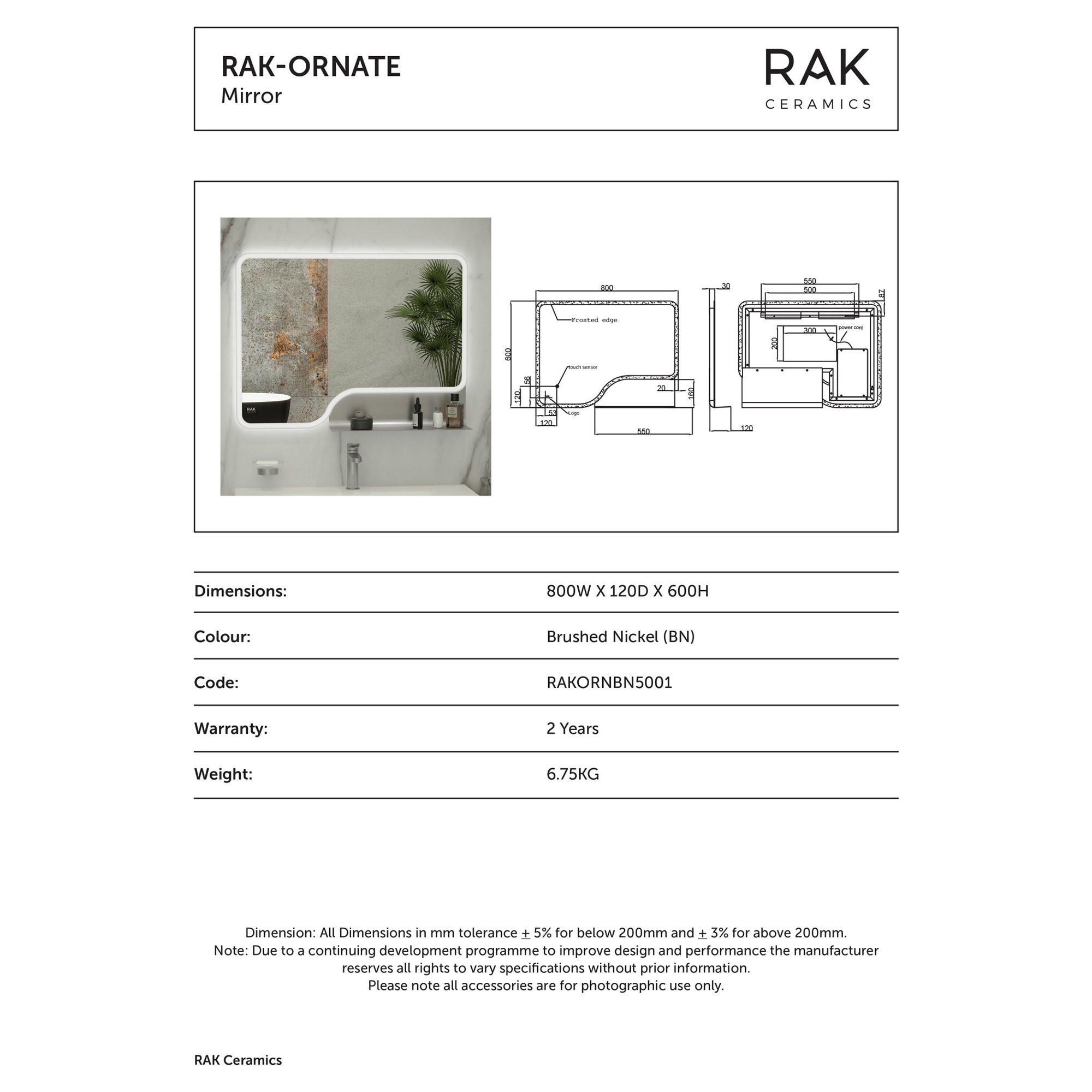 RAK Ornate 600x800mm Brushed Nickel Illuminated Bathroom Mirror with Touch Sensor & Demister Pad, IP44 Rated