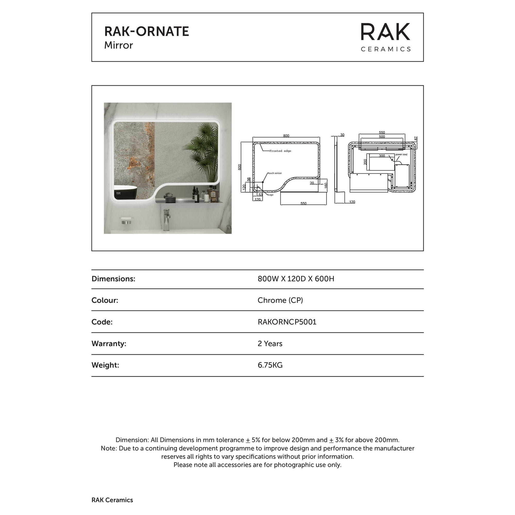 RAK Ornate 800x600mm Chrome LED Illuminated Bathroom Mirror with Touch Sensor & Demister Pad, IP44 Rated