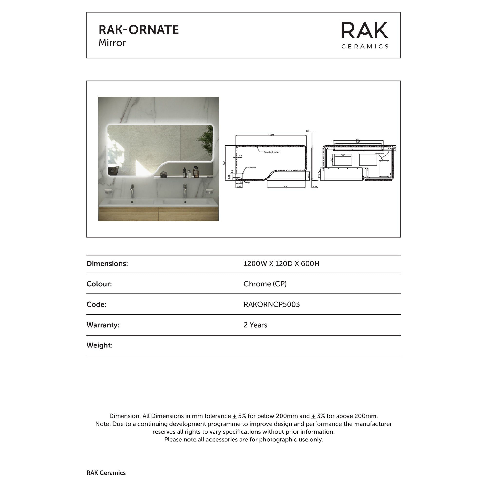 RAK Ornate 1200x600mm Wall-Mounted Illuminated Bathroom Mirror with Touch Sensor & Demister Pad, Chrome, IP44