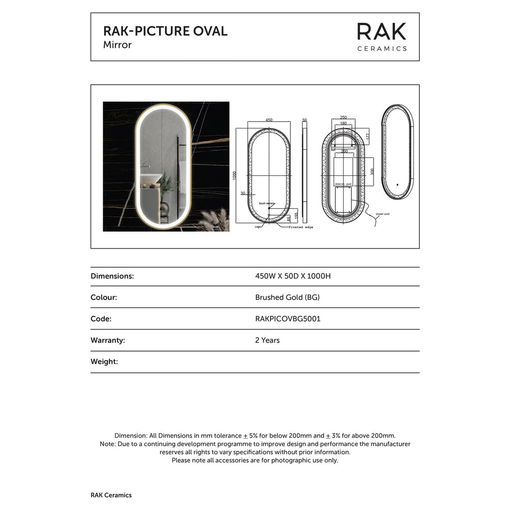 RAK Picture Oval 450x1000mm Brushed Gold LED Illuminated Bathroom Mirror with Touch Sensor & IP44