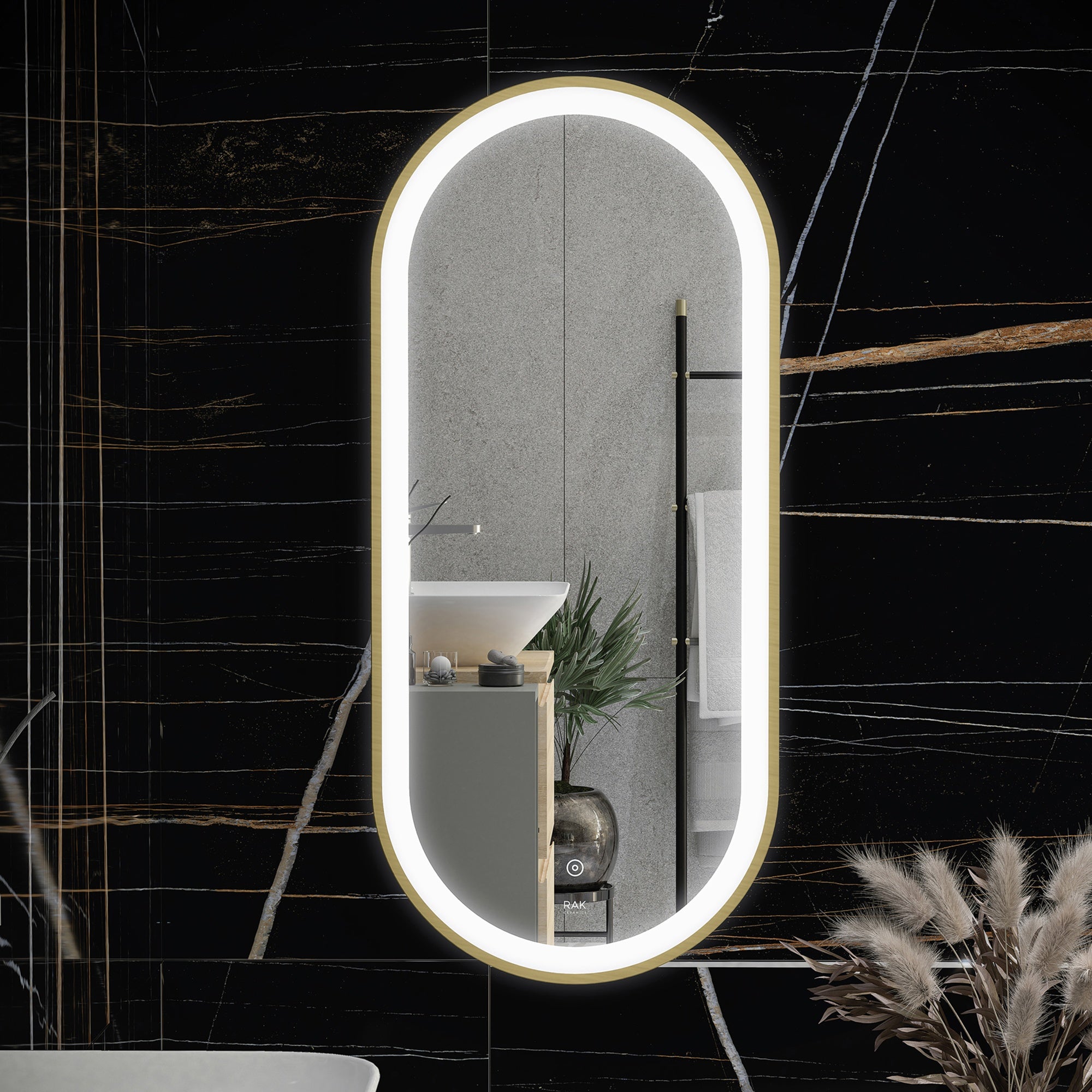 RAK Picture Oval 550x1000mm LED Illuminated Bathroom Mirror with Touch Sensor & Demister - Brushed Gold, IP44