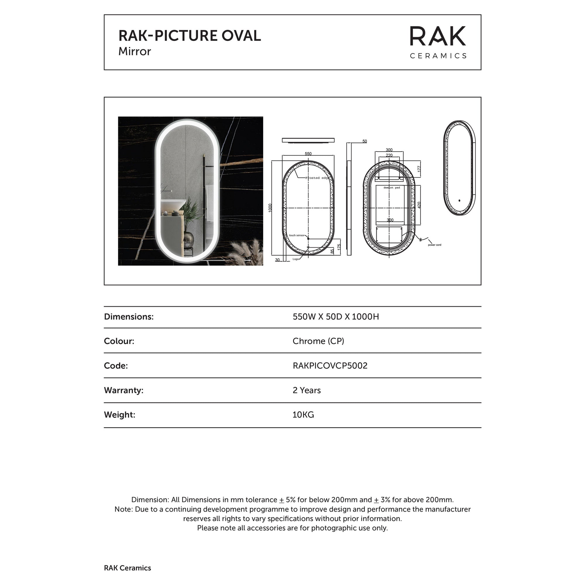 RAK Picture Oval 550x1000mm Illuminated Bathroom Mirror with Touch Sensor & IP44 Rating, Chrome
