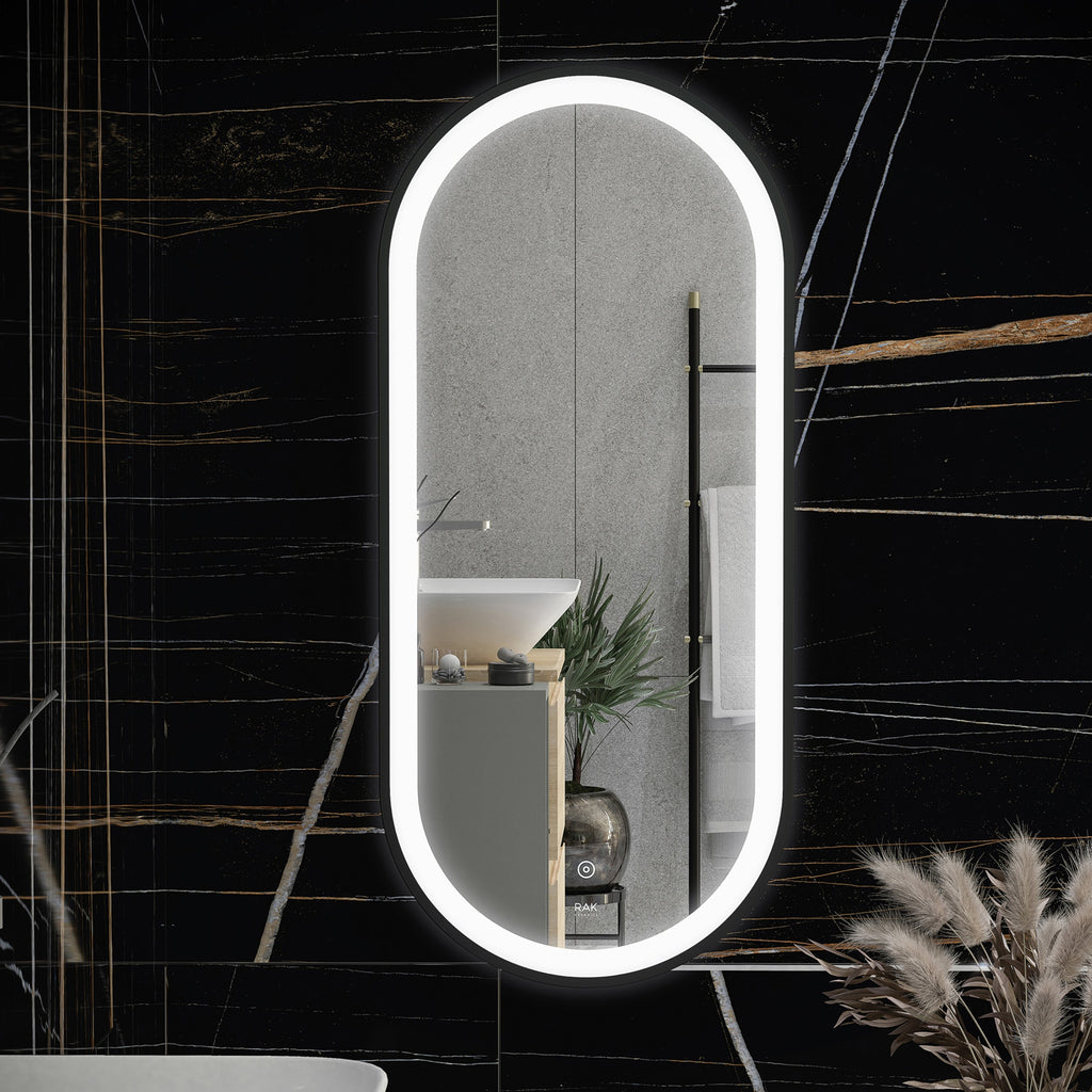 RAK Picture Oval Matt Black LED Illuminated Bathroom Mirror with Touch Sensor & Demister Pad, 450x1000mm, IP44