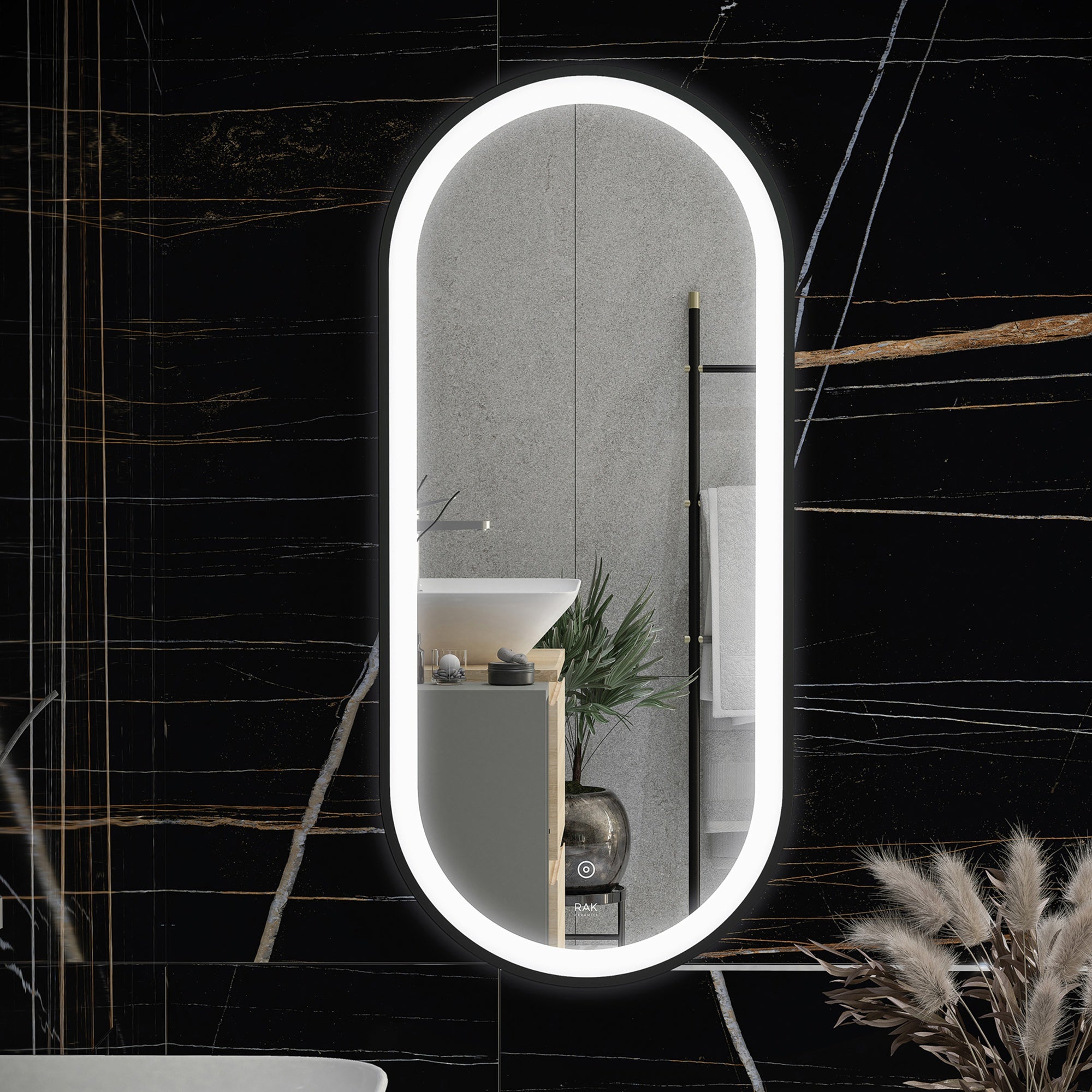 RAK Picture Oval Matt Black Illuminated Bathroom Mirror with Touch Sensor & Demister Pad, 550x1000mm, IP44