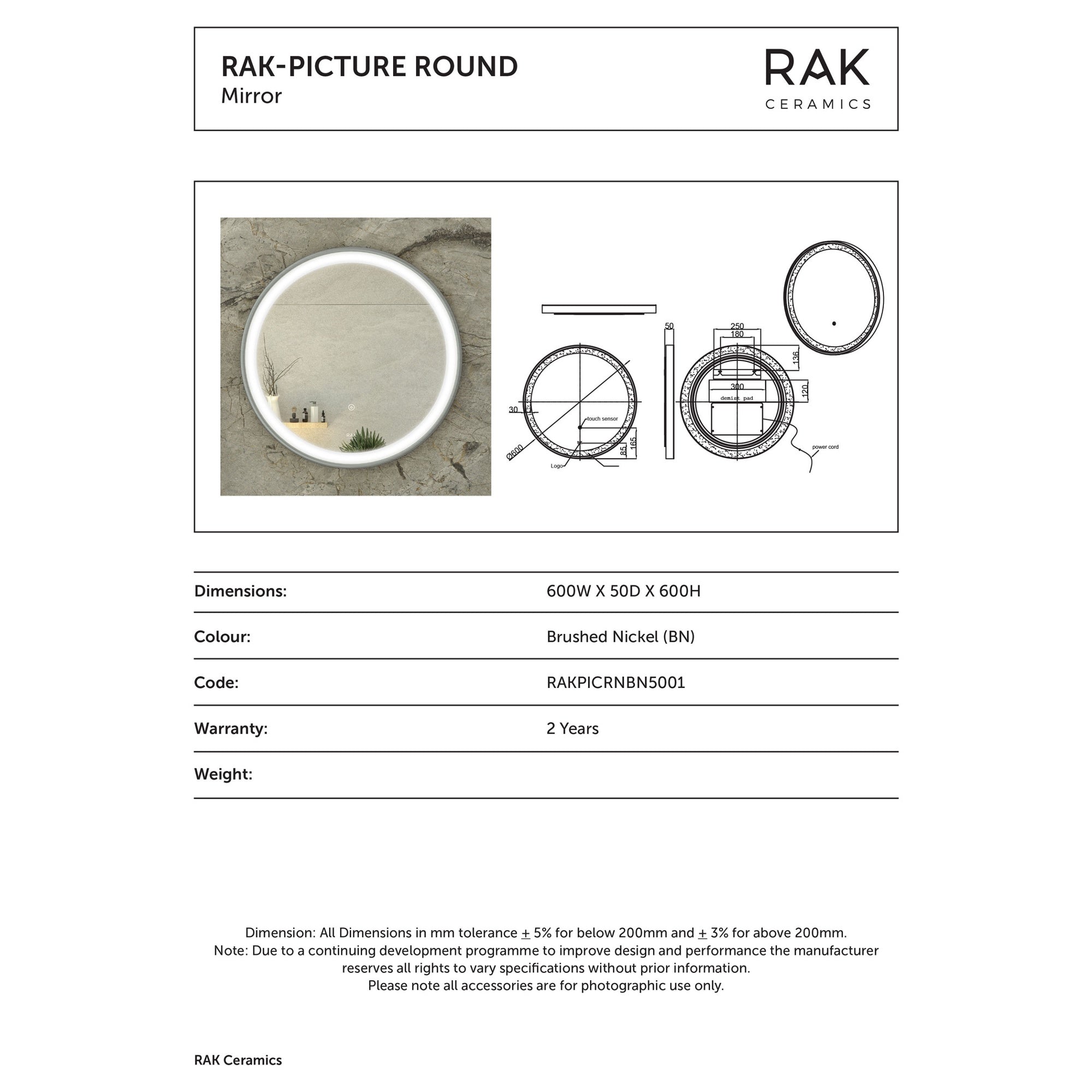 RAK Picture Round 600mm Brushed Nickel LED Illuminated Bathroom Mirror with Touch Sensor & Demister Pad - IP44