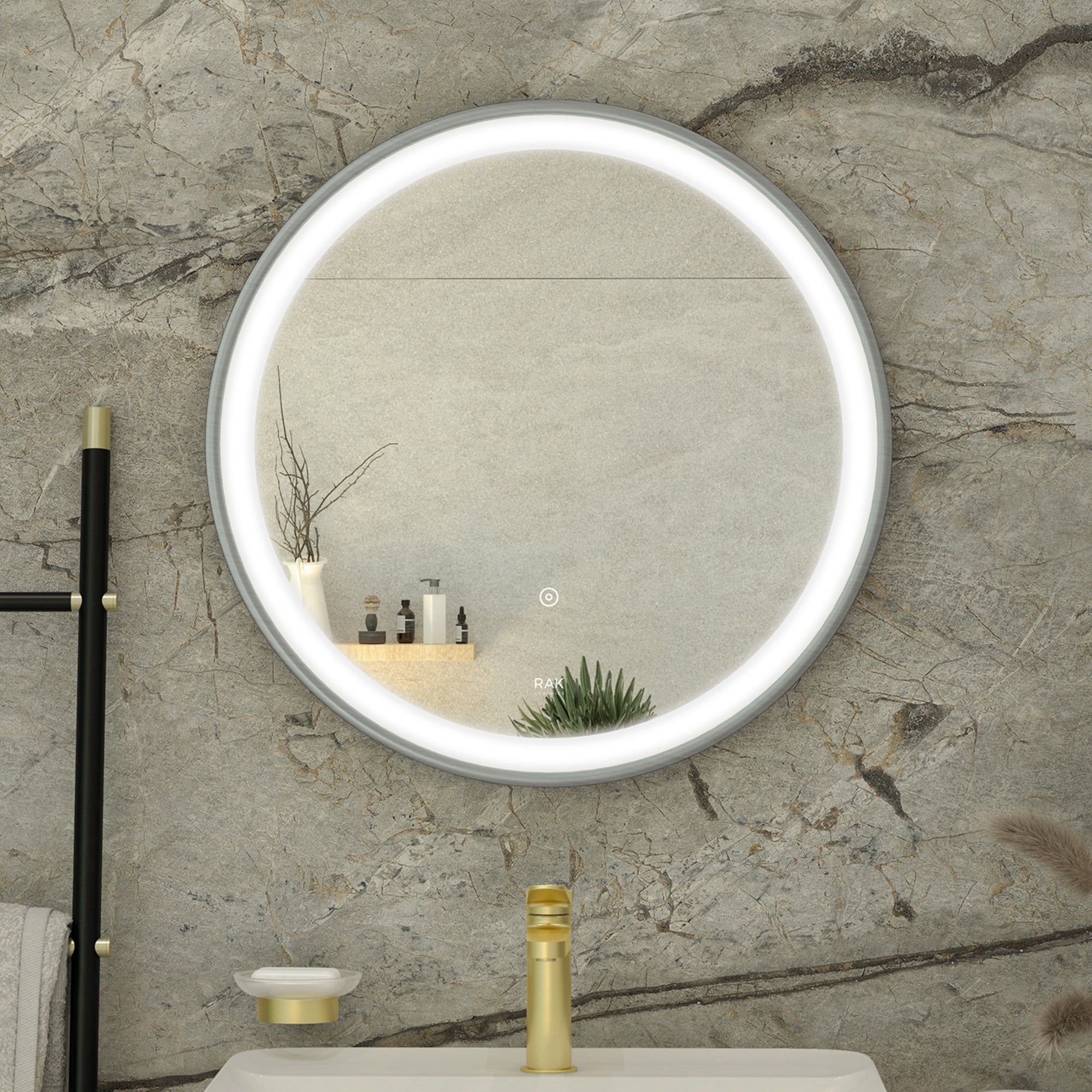 RAK Picture Round 800mm Brushed Nickel LED Bathroom Mirror with Touch Sensor & Demister Pad, IP44 Rated