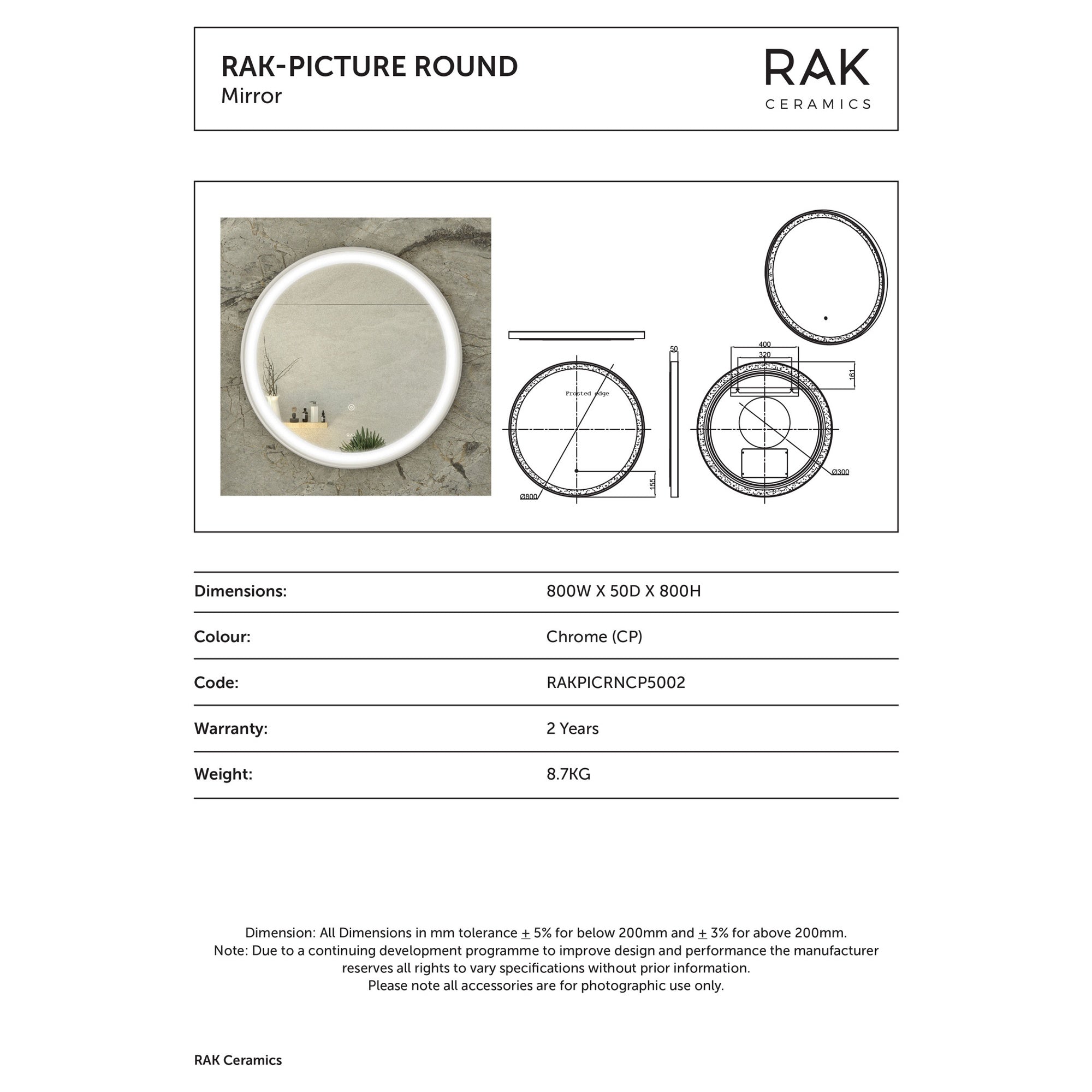 RAK Picture Round 800mm LED Illuminated Bathroom Mirror with Touch Sensor & Demister Pad, Chrome