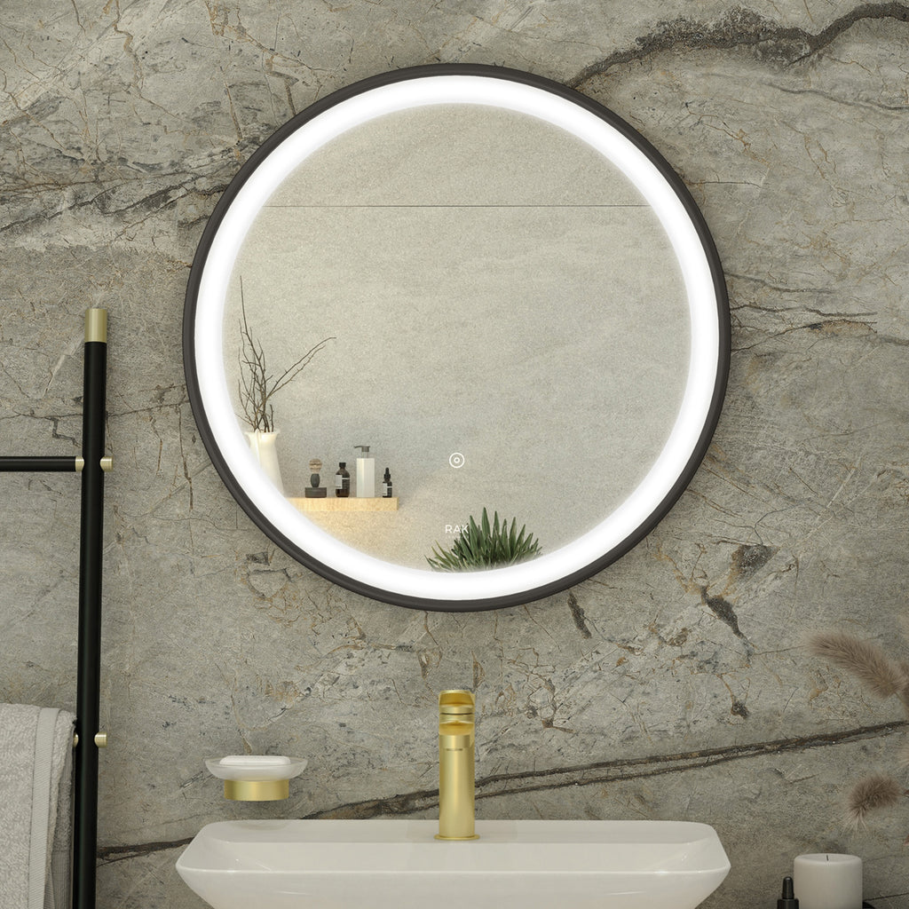 RAK Picture Round 600mm Matt Black Illuminated LED Bathroom Mirror with Touch Sensor & Demister Pad, IP44 Rated