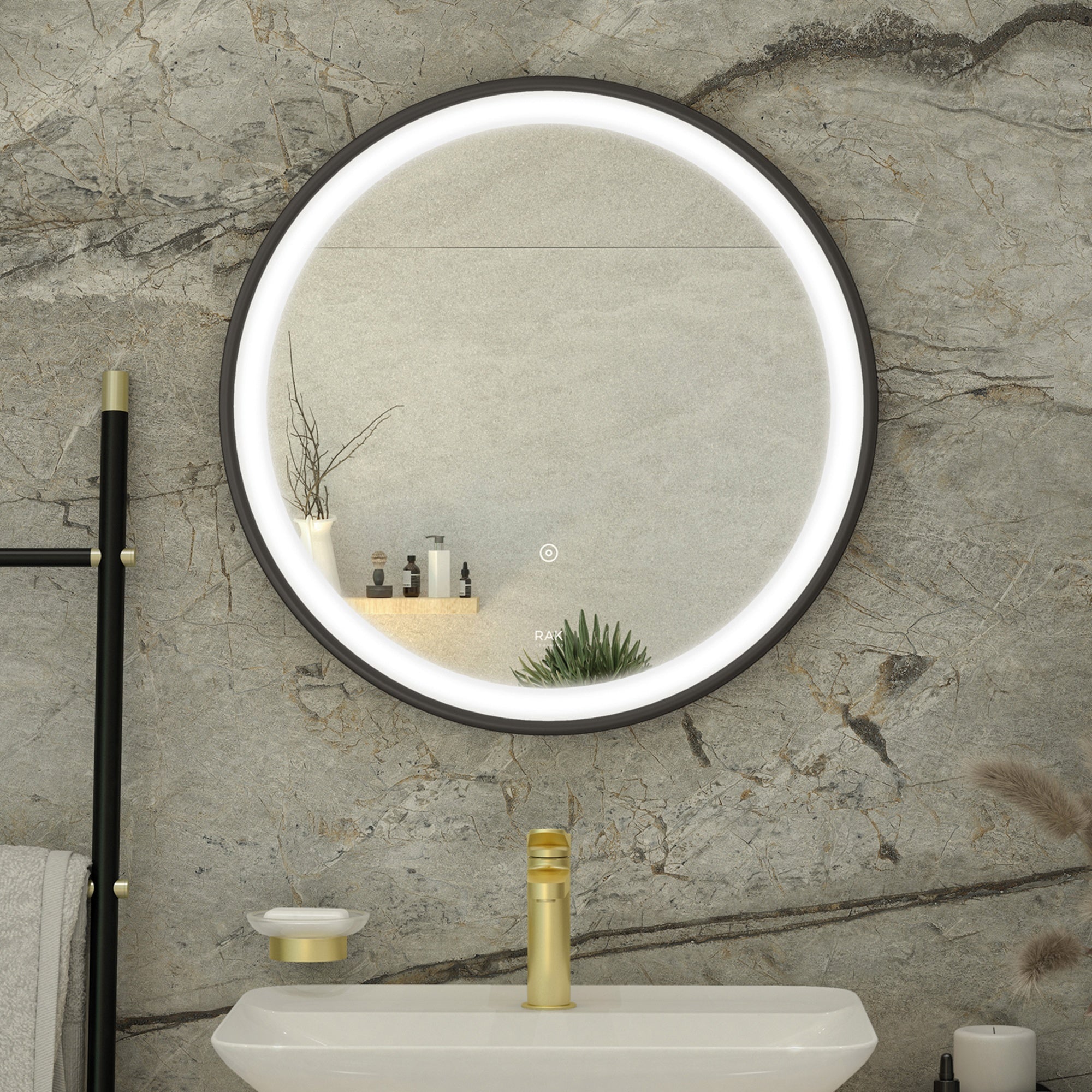 RAK Picture Round 600mm Matt Black Illuminated LED Bathroom Mirror with Touch Sensor & Demister Pad, IP44 Rated