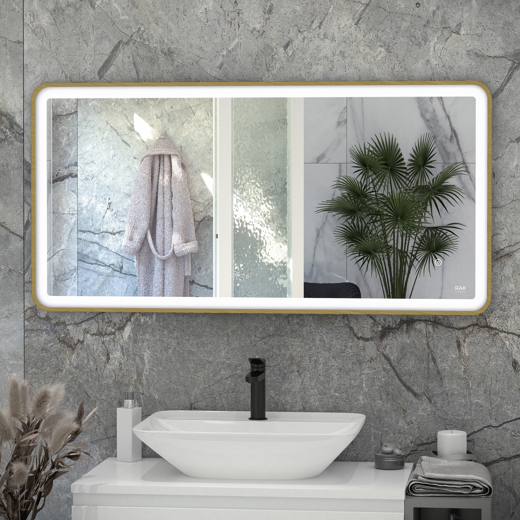 RAK Picture Soft 1200x600mm Brushed Gold Rectangular Illuminated Bathroom Mirror with Touch Sensor & Demister Pad IP44