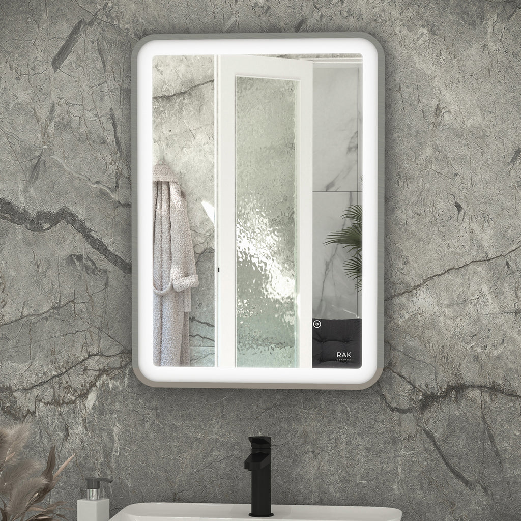 RAK Picture Soft 500x700mm Brushed Nickel LED Illuminated Bathroom Mirror with Touch Sensor & Demister Pad, IP44