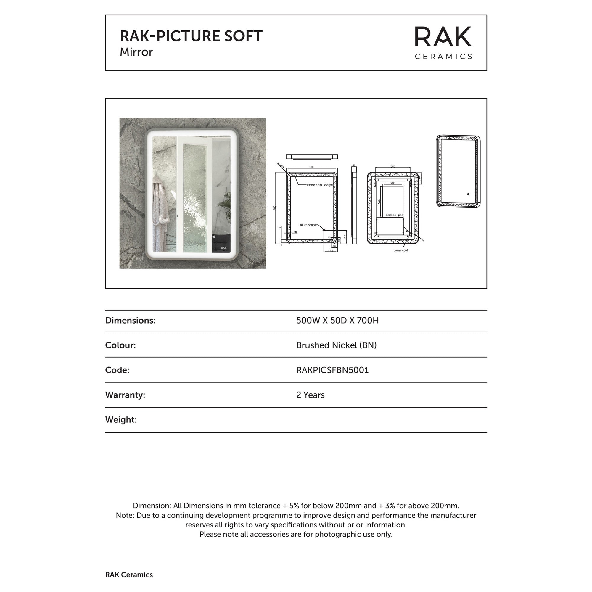 RAK Picture Soft 500x700mm Brushed Nickel LED Illuminated Bathroom Mirror with Touch Sensor & Demister Pad, IP44