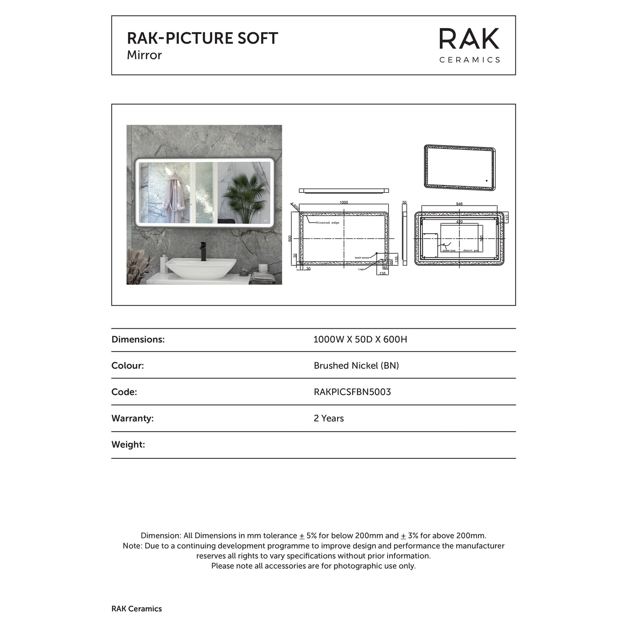 RAK Picture Soft 1000x600mm Rectangular LED Illuminated Bathroom Mirror with Touch Sensor & Demister