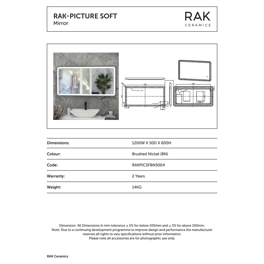 RAK Picture Soft 1200x600mm Brushed Nickel Rectangular LED Illuminated Bathroom Mirror with Touch Sensor & IP44 Rating