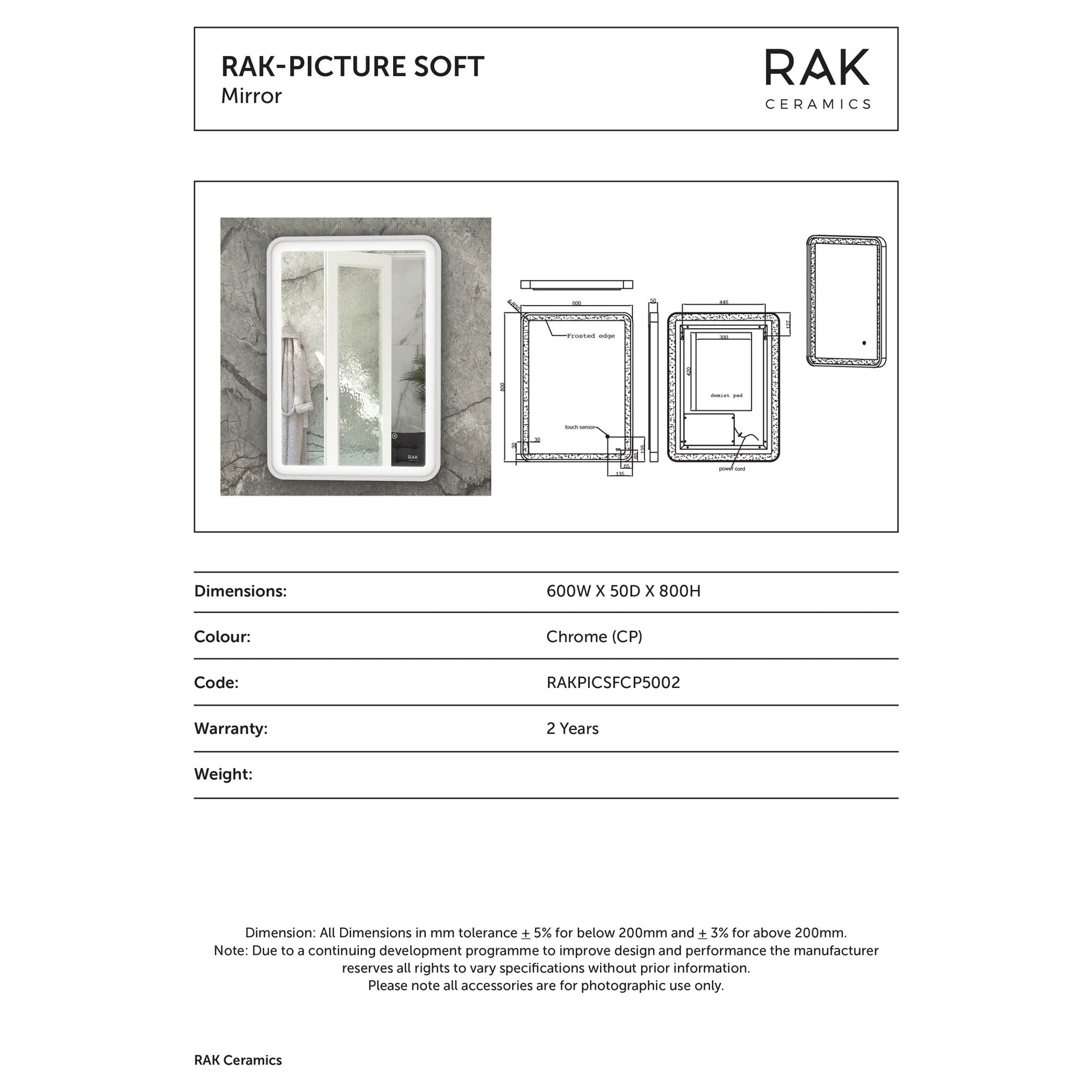 RAK Picture Soft LED Bathroom Mirror with Touch Sensor & Demister, Chrome 600x800mm IP44