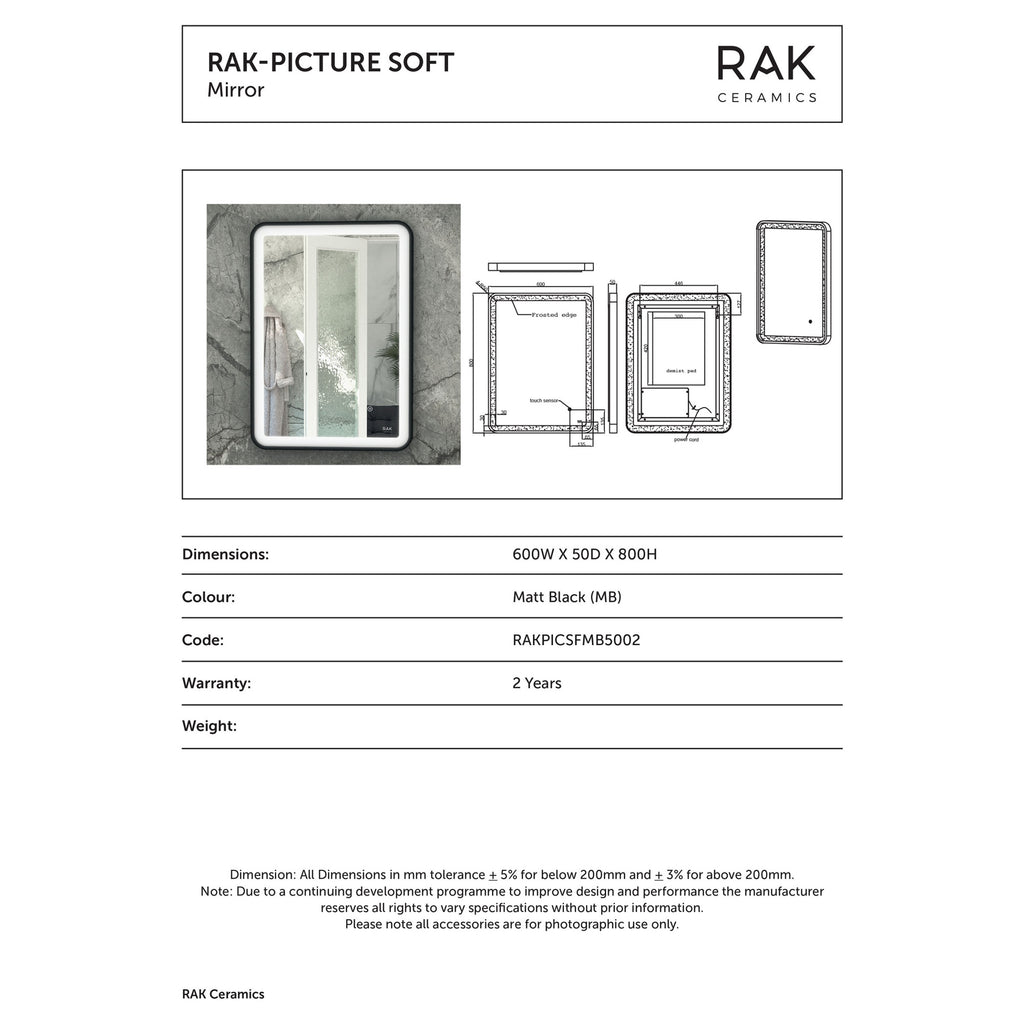 RAK Picture Soft 600x800mm Matt Black Illuminated Bathroom Mirror with Touch Sensor & Demister