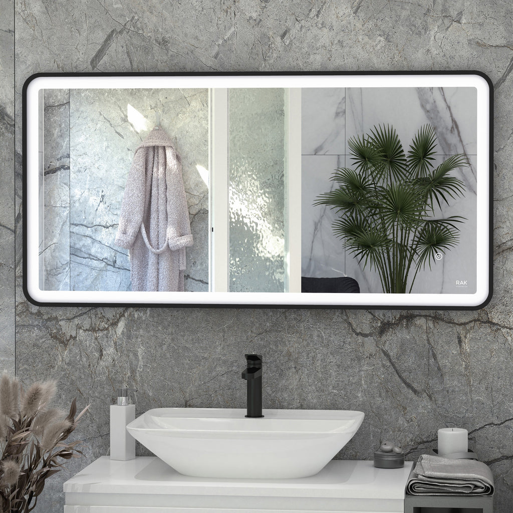 RAK Picture Soft 1200x600mm Matt Black Rectangular Illuminated Bathroom Mirror with Touch Sensor & Demister