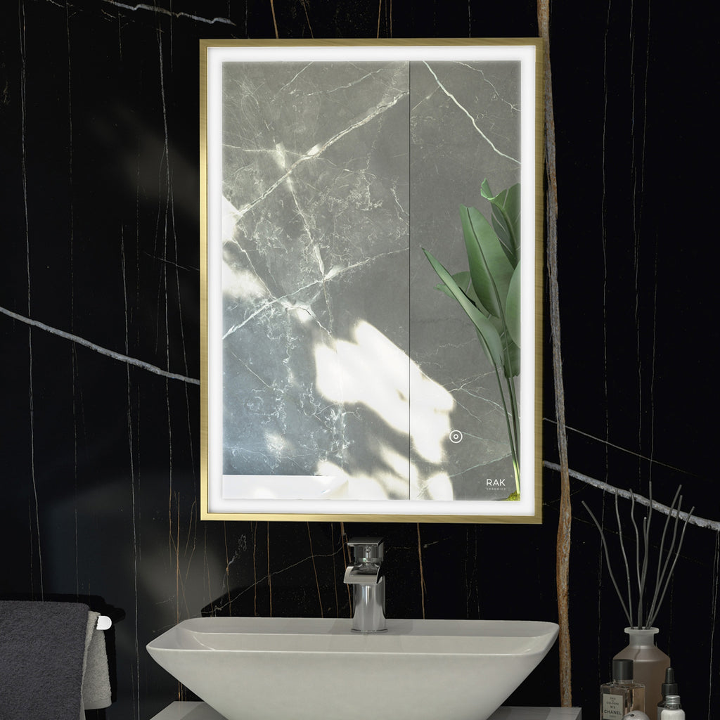 RAK Picture Square 600x800mm Brushed Gold Rectangular Illuminated Bathroom Mirror with Touch Sensor, IP44 Rated