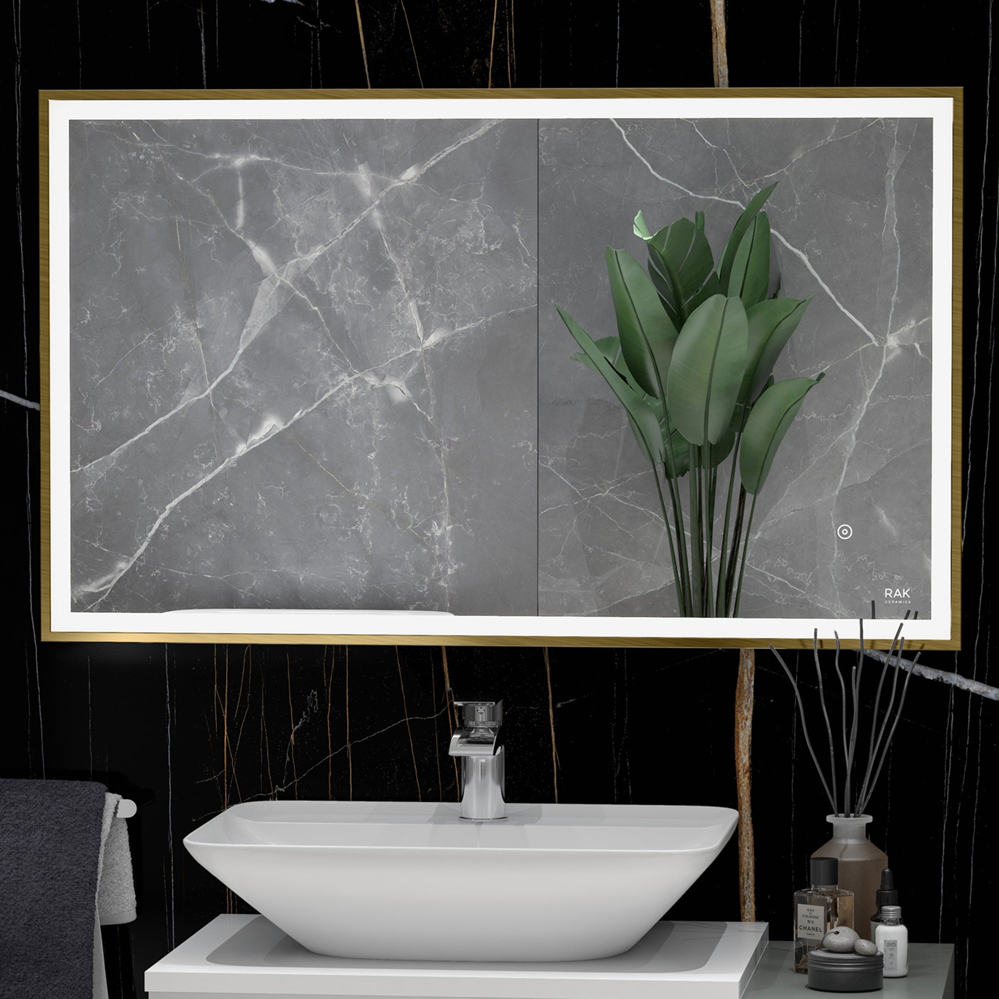RAK Picture Square 600x1000mm Brushed Gold Illuminated Bathroom Mirror with Touch Sensor & Demister