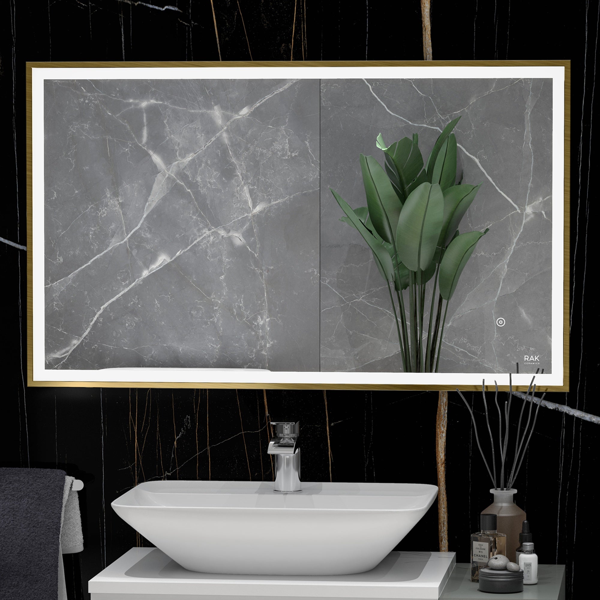 RAK Picture Square 1200x600mm Rectangular Brushed Gold Illuminated Bathroom Mirror with Demister & Touch Control, IP44