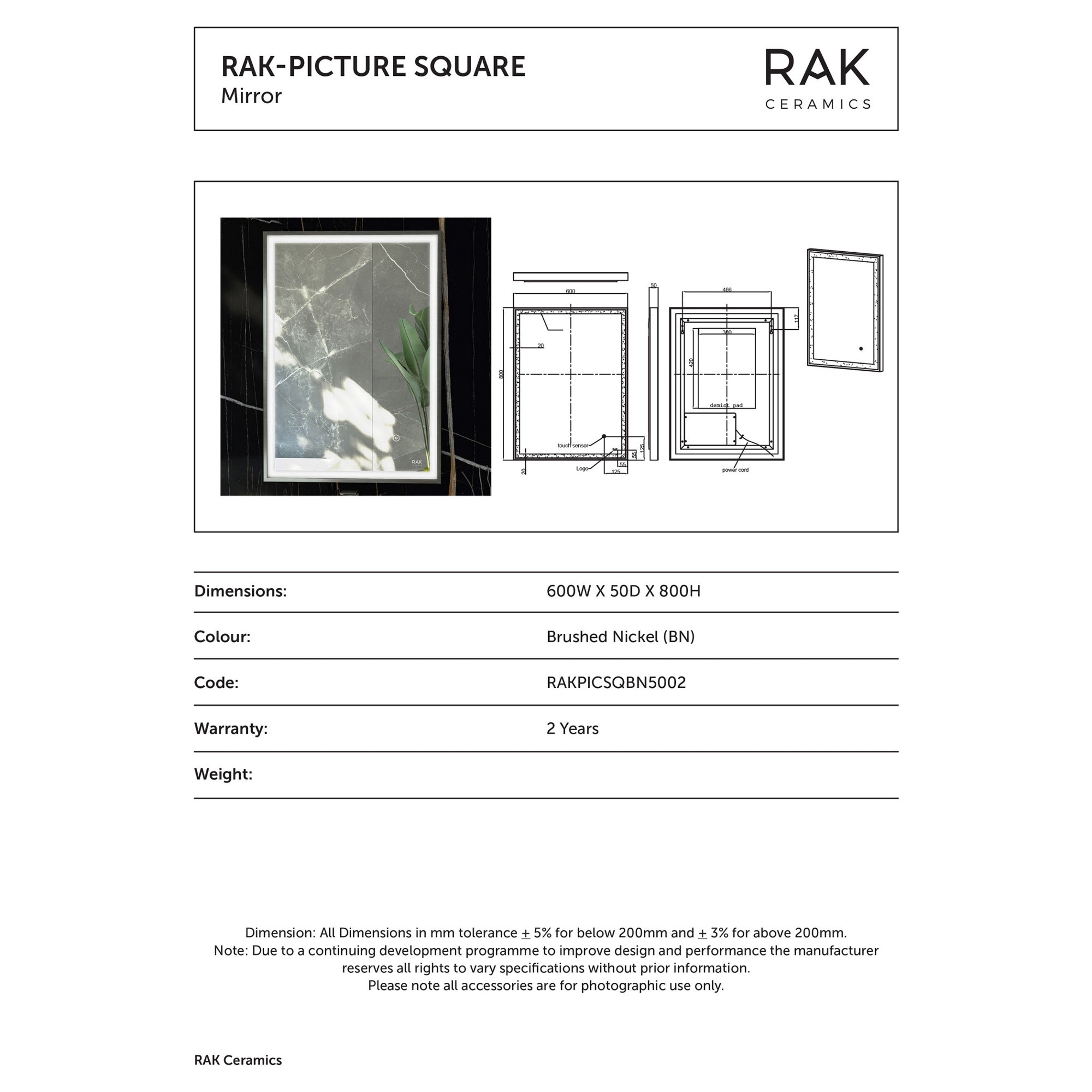 RAK Picture Square Brushed Nickel LED Illuminated Bathroom Mirror 600x800mm with Touch Sensor & IP44 Rating