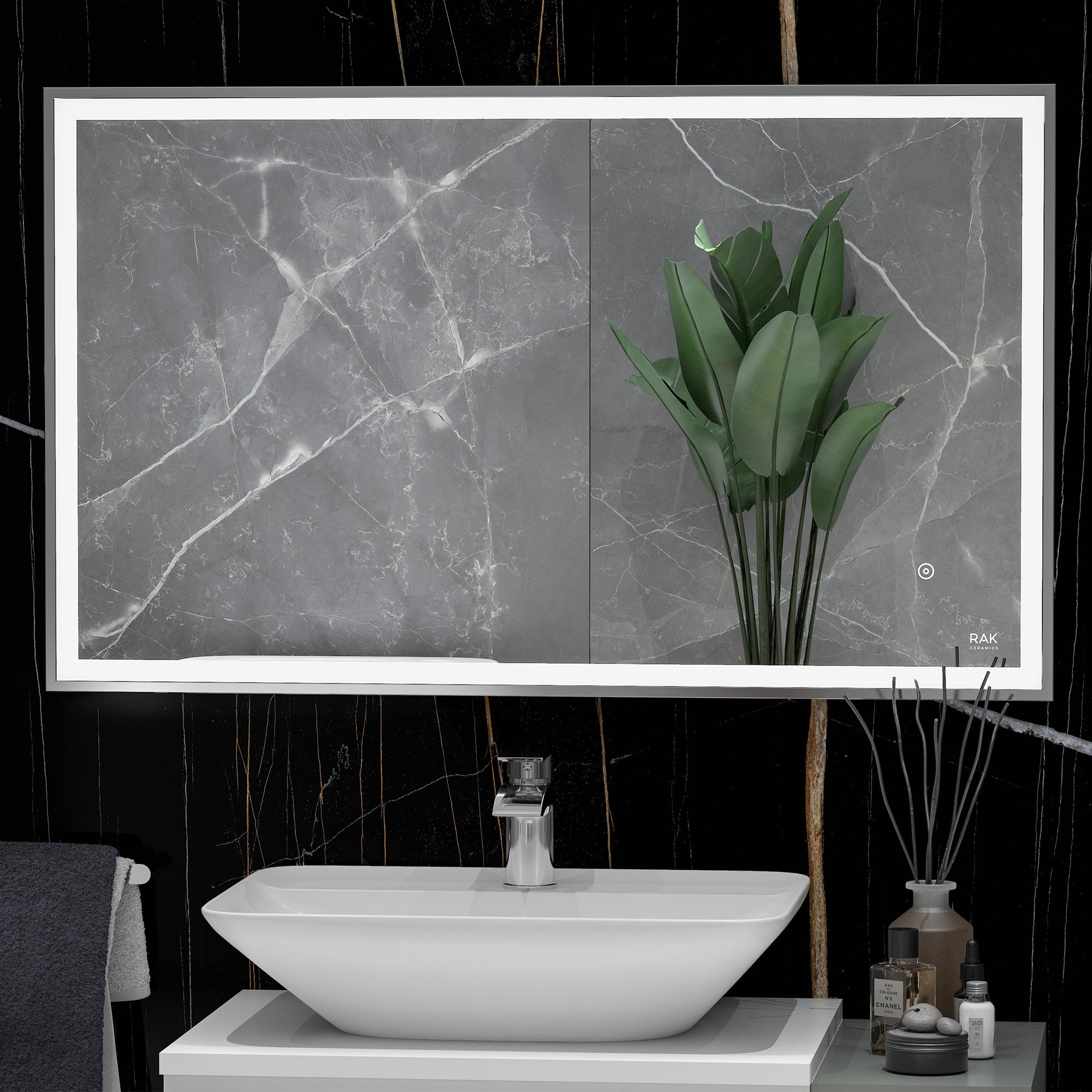 RAK Picture Square 600x1200mm LED Illuminated Bathroom Mirror with Touch Sensor & Demister, Chrome Frame, IP44