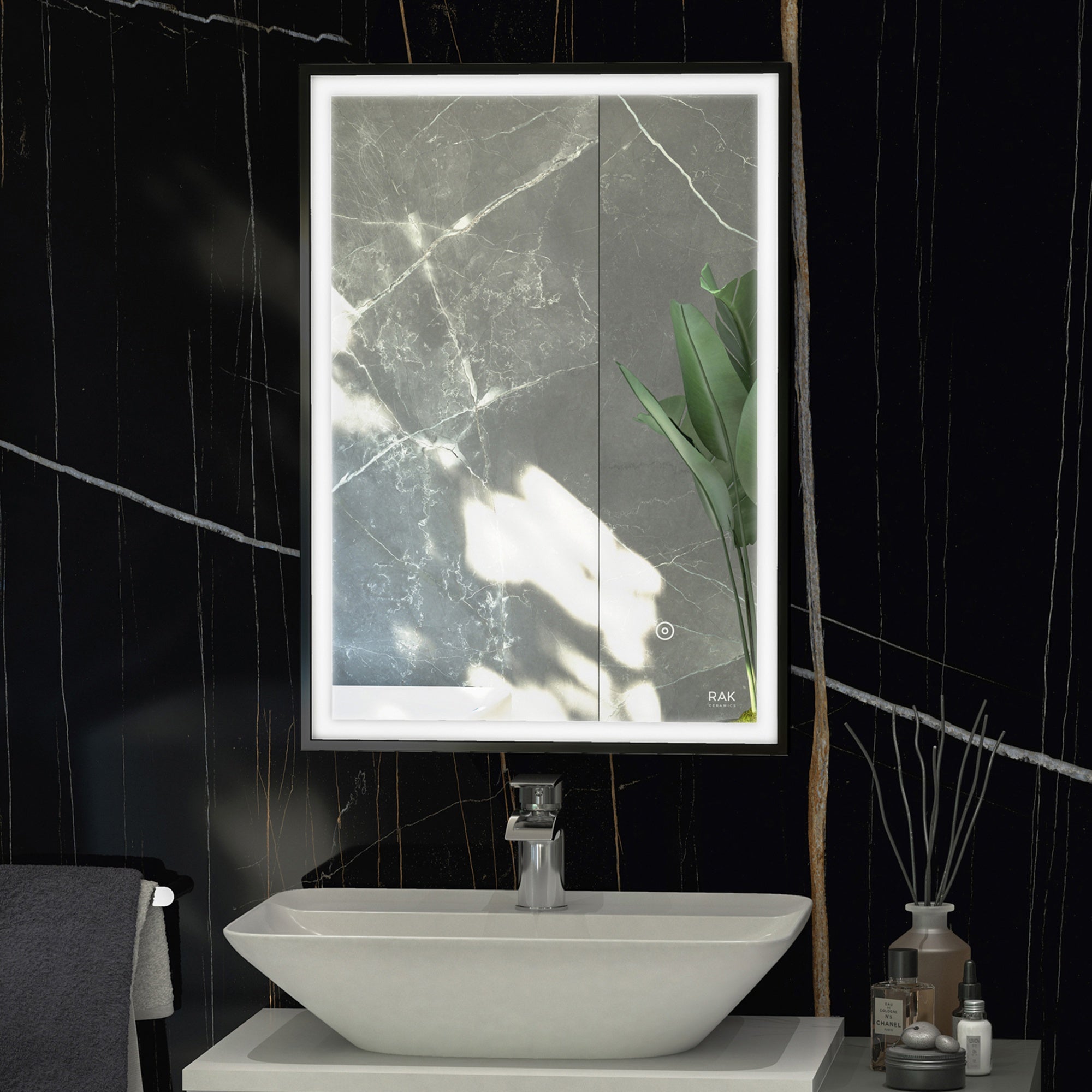 RAK Picture Square 500x700 Matt Black LED Illuminated Bathroom Mirror with Touch Sensor, IP44 Rated