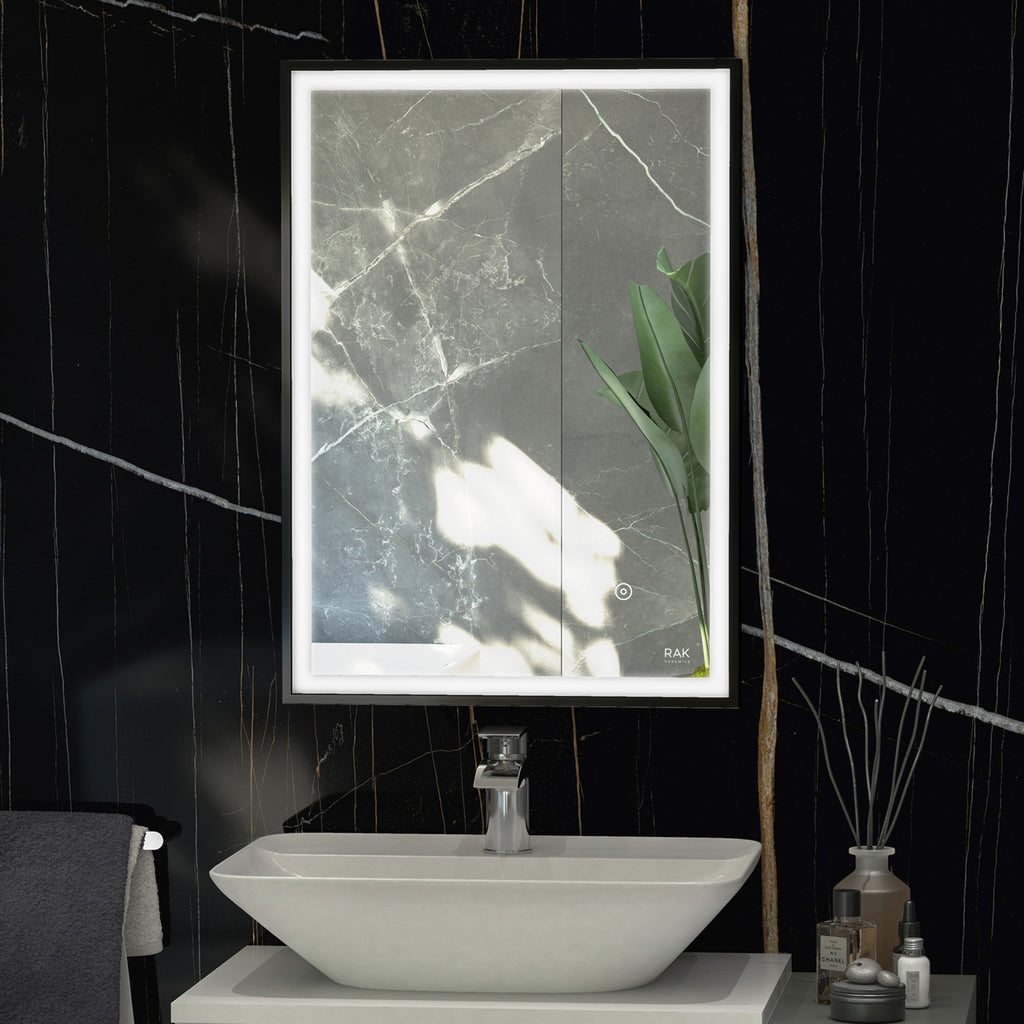 RAK Picture Square 600x800mm Matt Black LED Bathroom Mirror with Demister & Touch Sensor, IP44