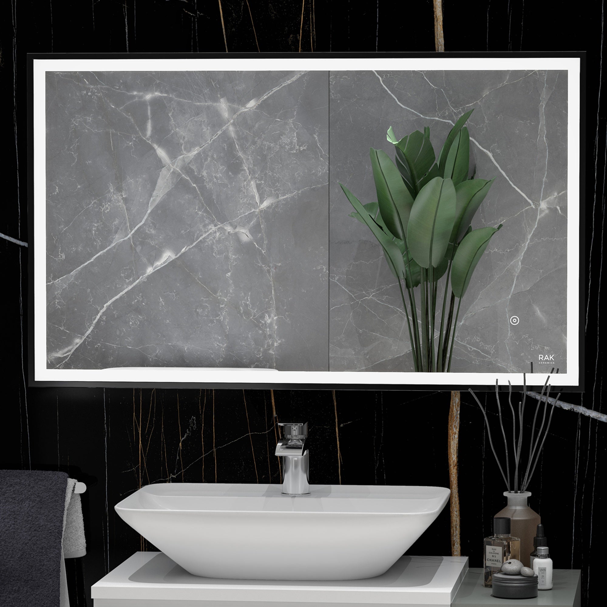 RAK Picture Square Matt Black 600x1000mm Illuminated Bathroom Mirror with Touch Sensor & IP44 Rating
