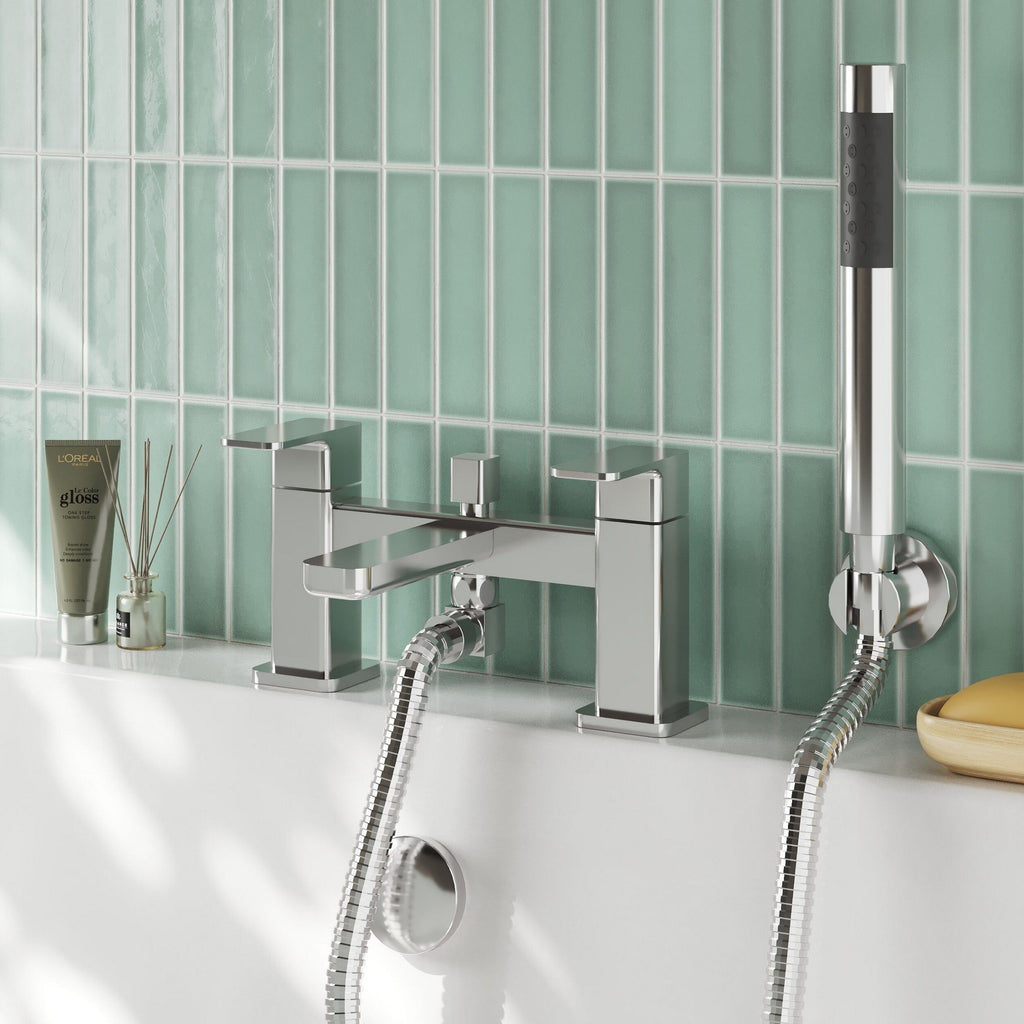 Elowen Contemporary Chrome Deck Mounted Bath Shower Mixer Lever 2 Hole