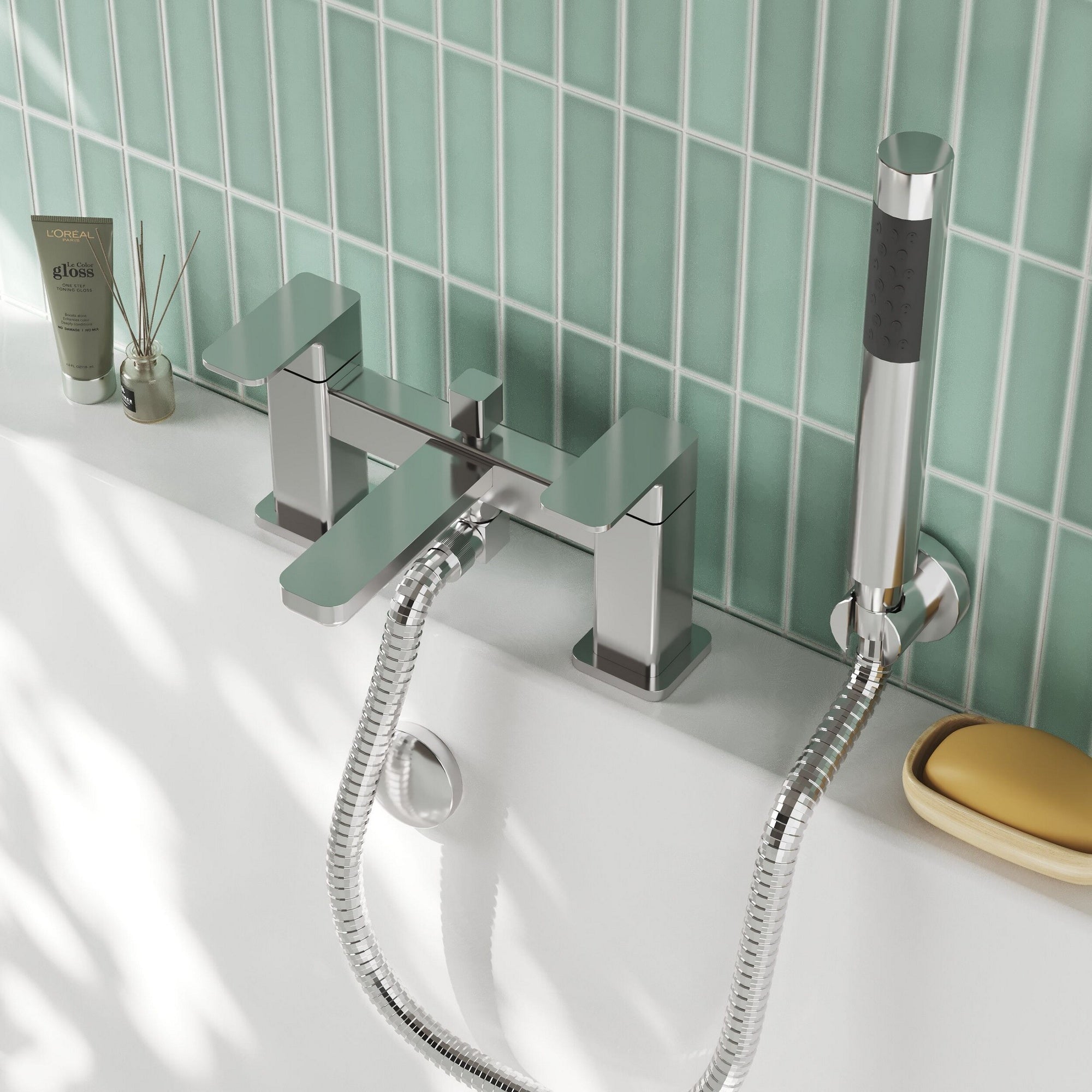 Elowen Contemporary Chrome Deck Mounted Bath Shower Mixer Lever 2 Hole