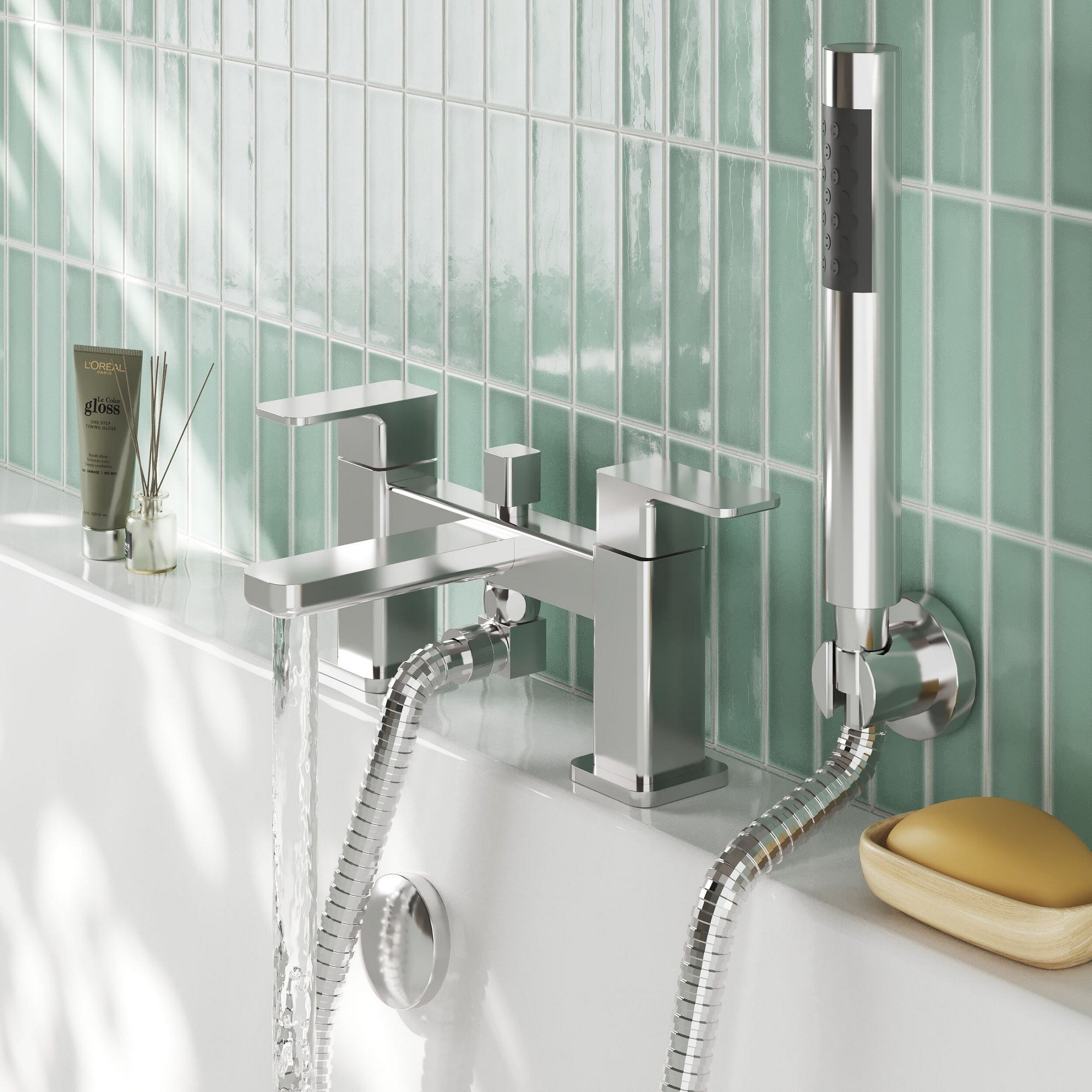 Elowen Contemporary Chrome Deck Mounted Bath Shower Mixer Lever 2 Hole