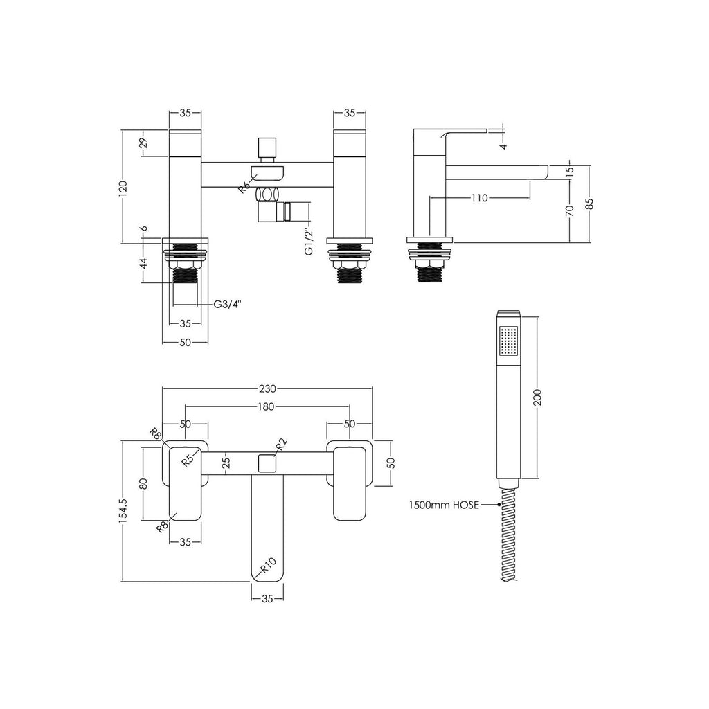 Elowen Contemporary Chrome Deck Mounted Bath Shower Mixer Lever 2 Hole