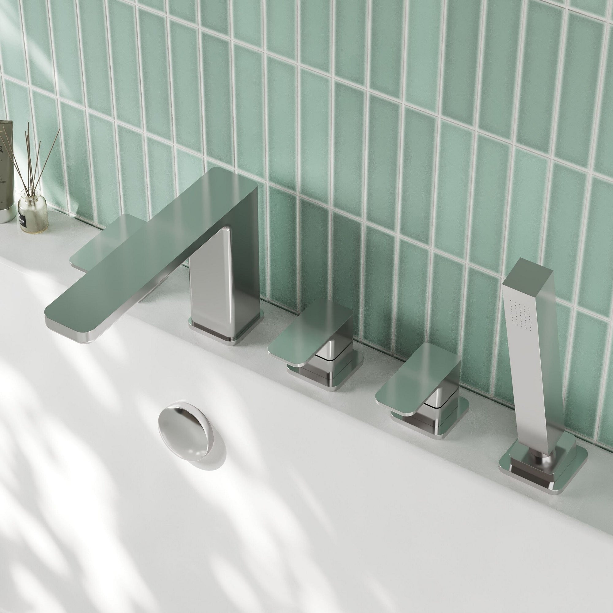 Elowen Contemporary Chrome Deck Mounted 5 Tap Hole Bath Shower Mixer Lever