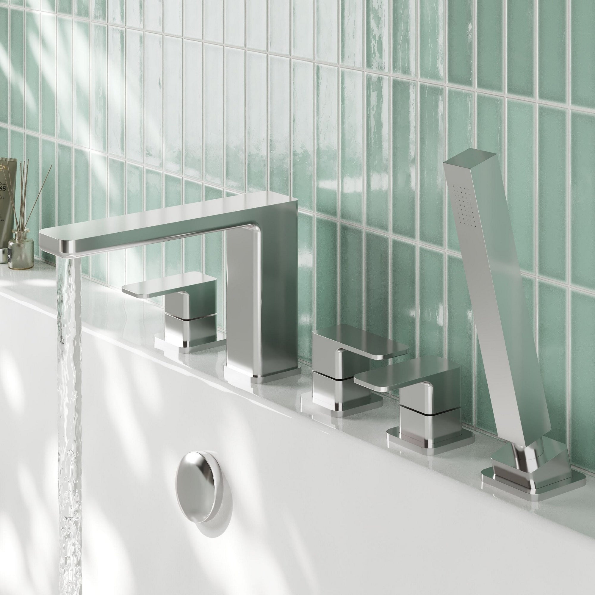 Elowen Contemporary Chrome Deck Mounted 5 Tap Hole Bath Shower Mixer Lever