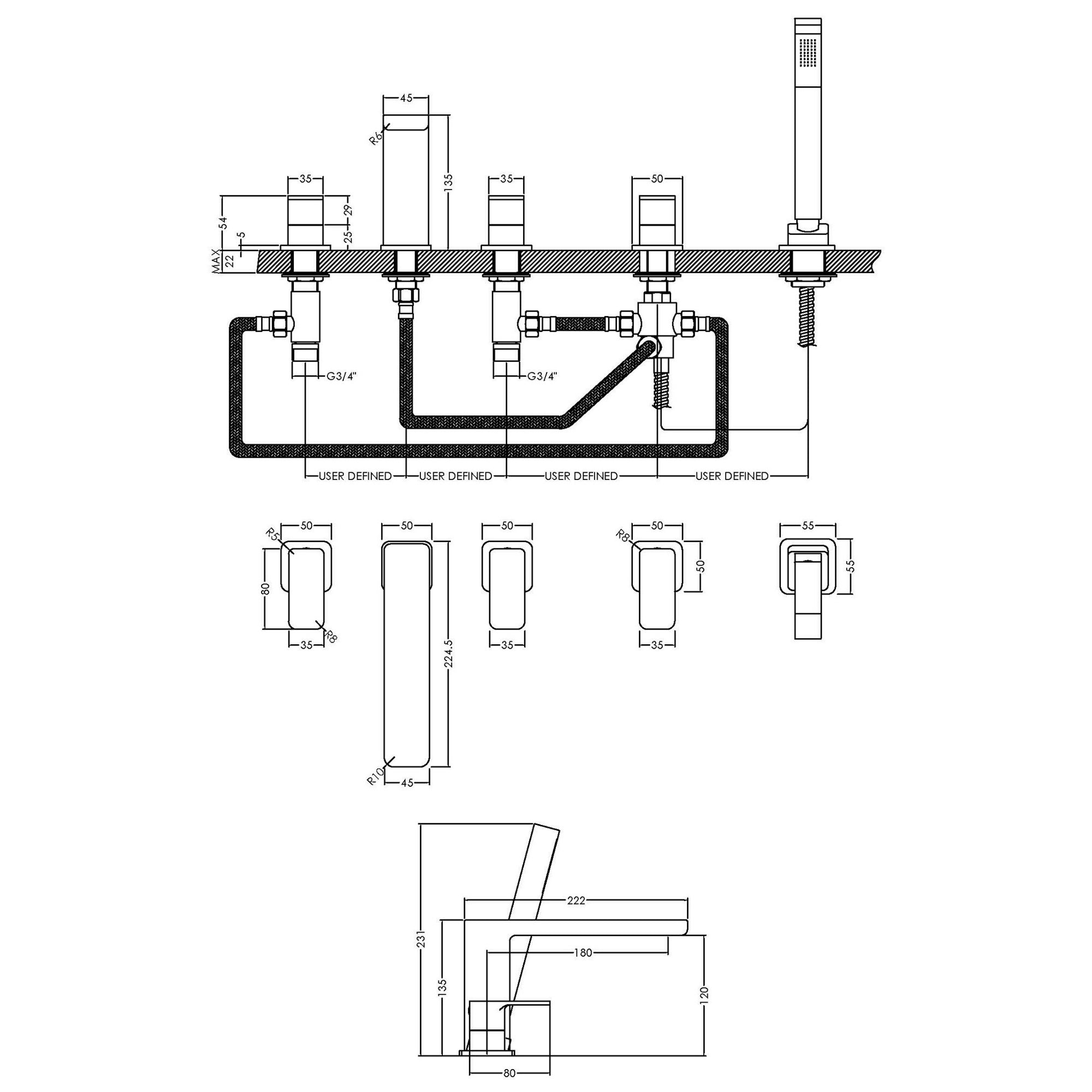 Elowen Contemporary Chrome Deck Mounted 5 Tap Hole Bath Shower Mixer Lever