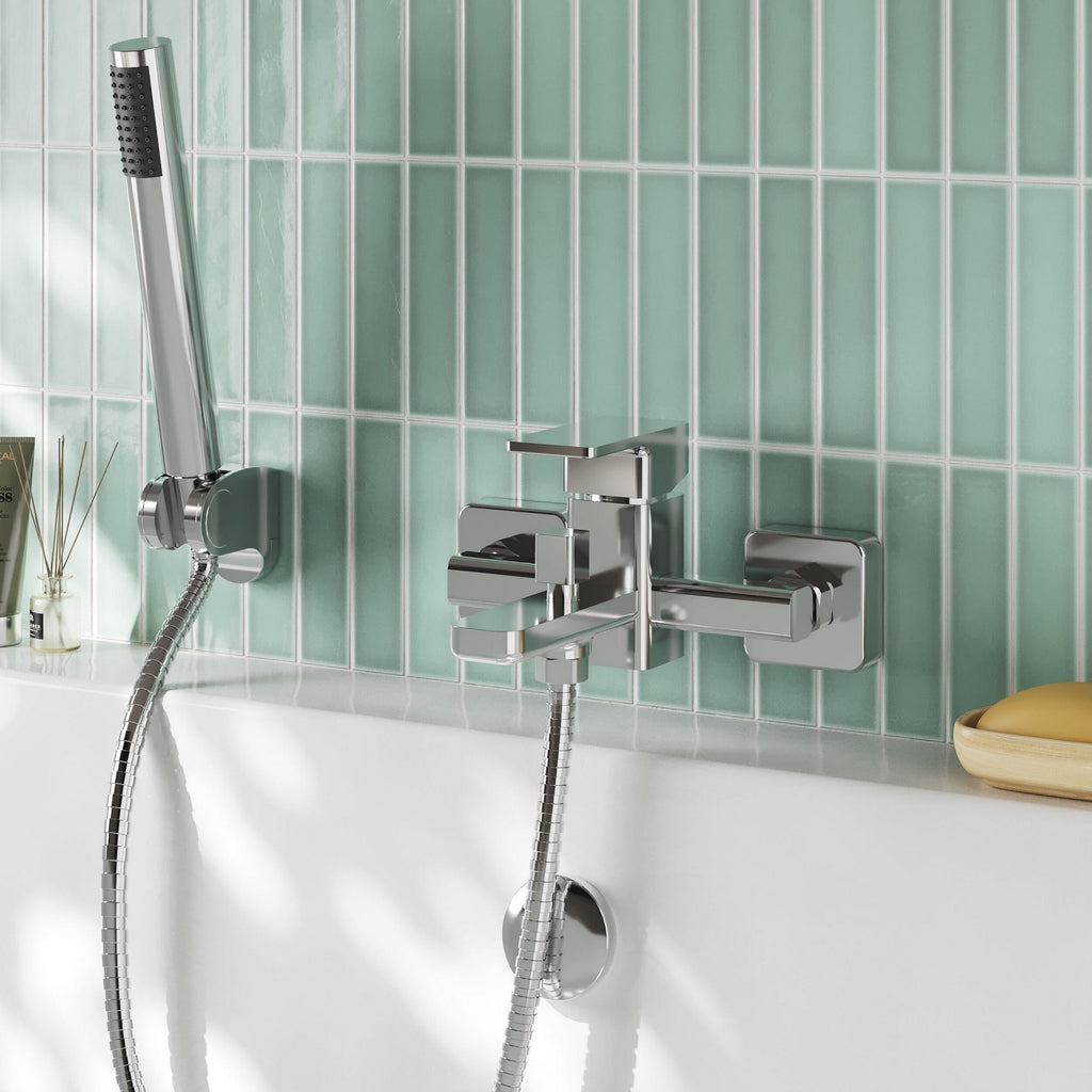 Elowen Contemporary Chrome Wall Mounted Bath Shower Mixer Lever 2 Hole