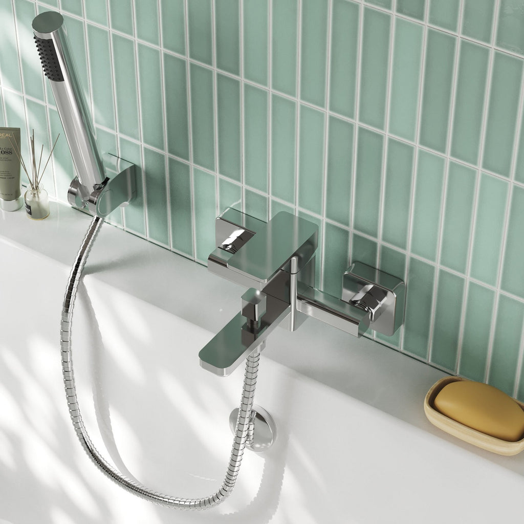 Elowen Contemporary Chrome Wall Mounted Bath Shower Mixer Lever 2 Hole